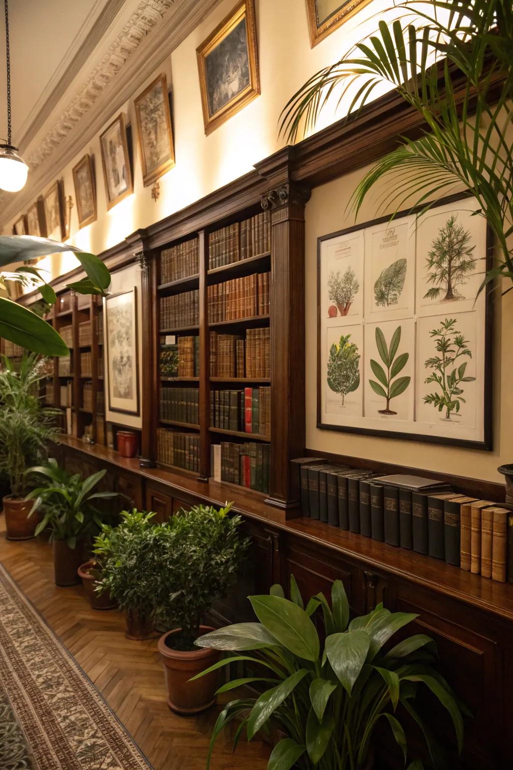 Classic novels displayed alongside botanical artwork.