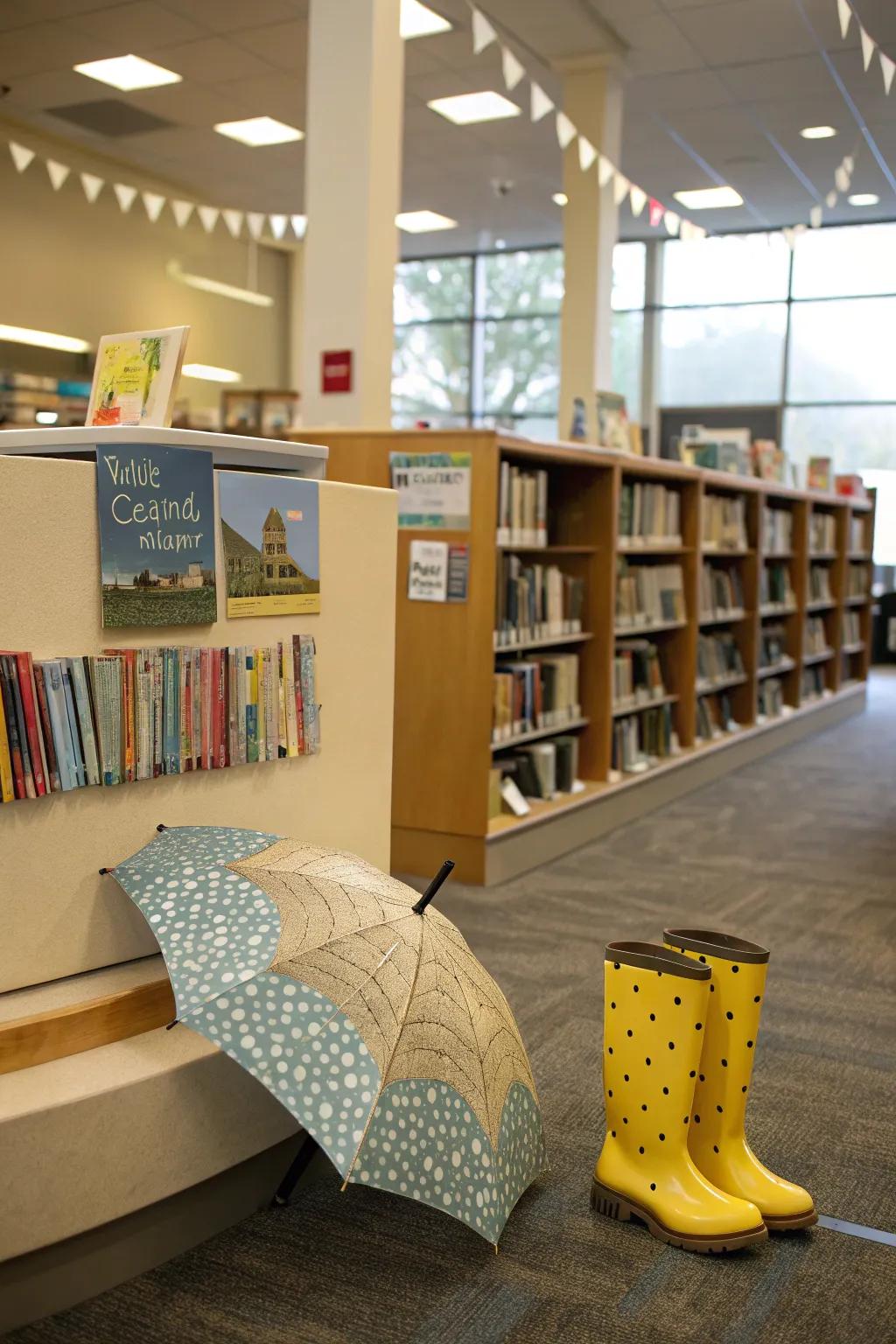 Whimsical rainy day display with books, umbrella, and rain boots.