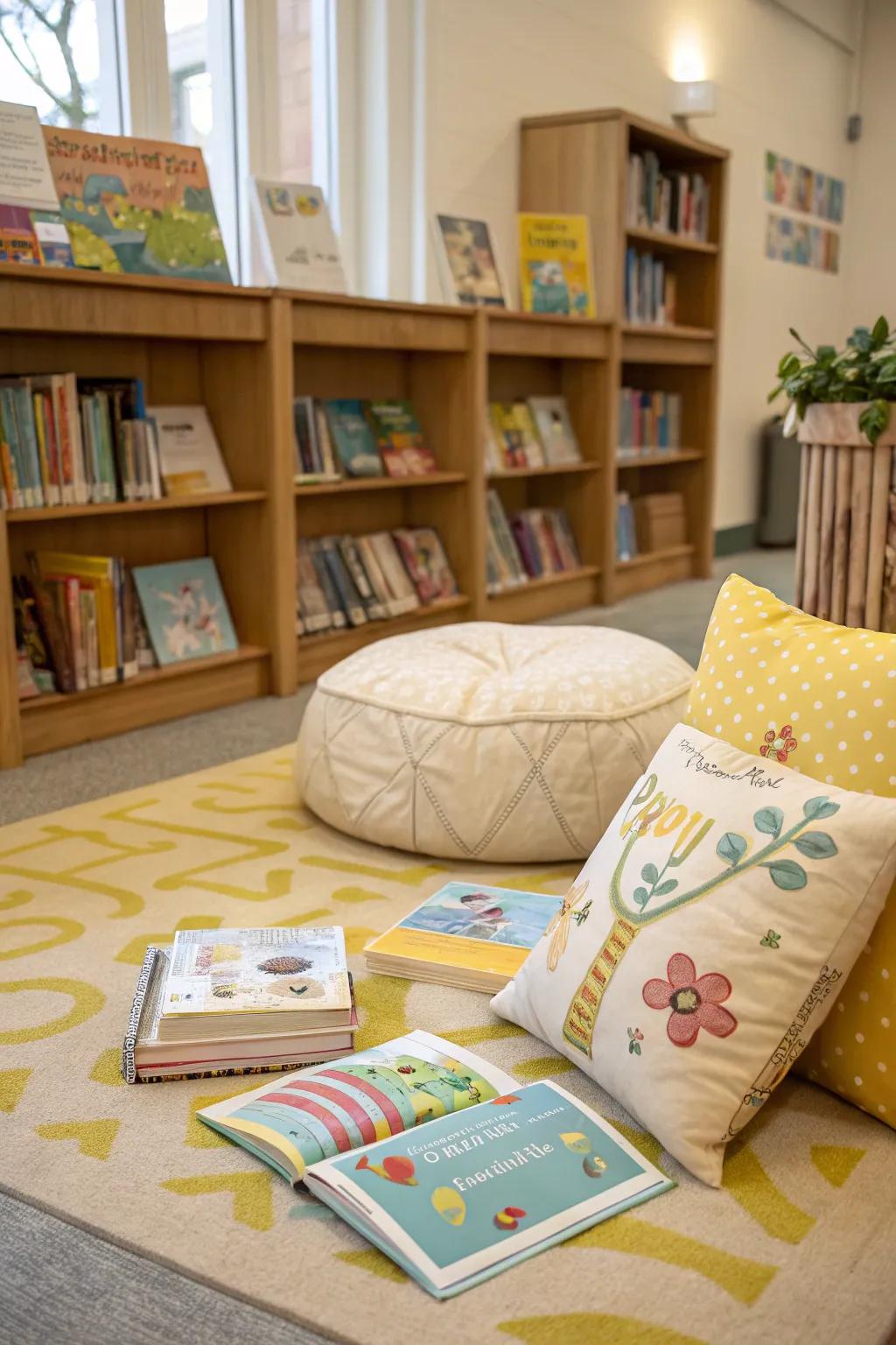 Cozy children's storytime corner with spring-themed books.