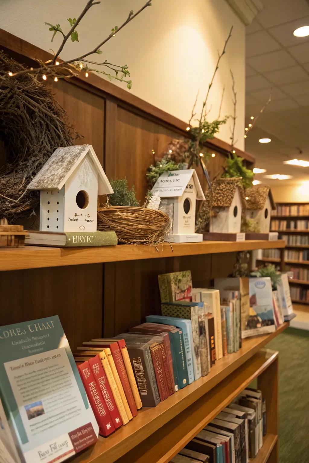 Library display featuring birdhouses and nest decorations.
