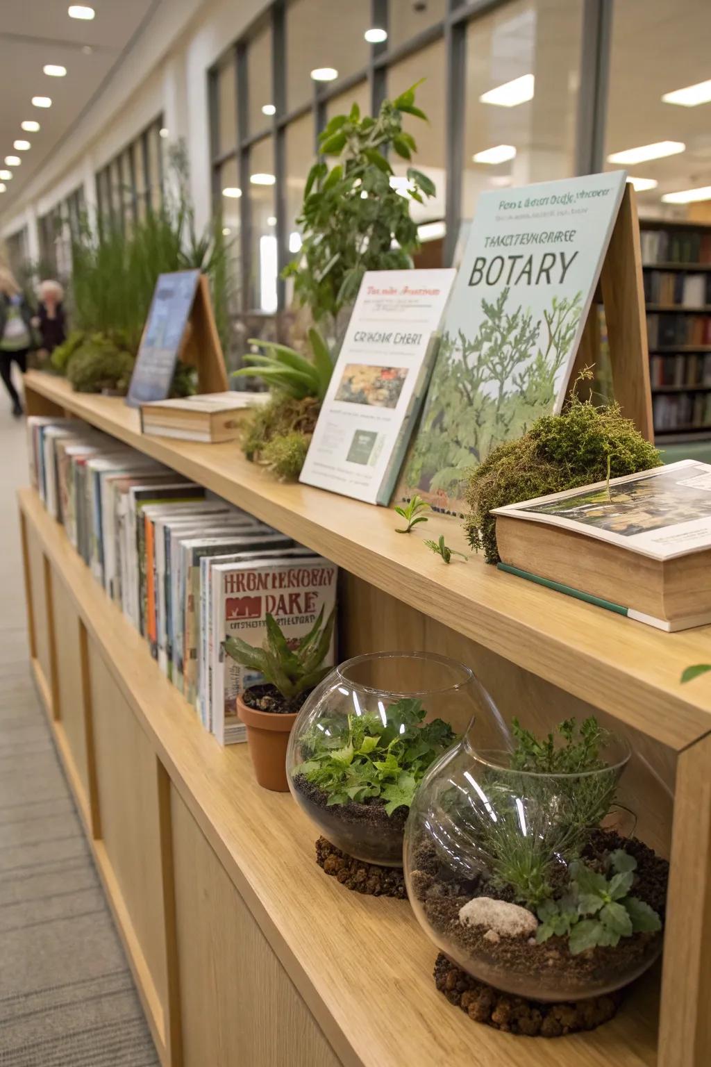 Nature-themed books surrounded by plants and terrariums.