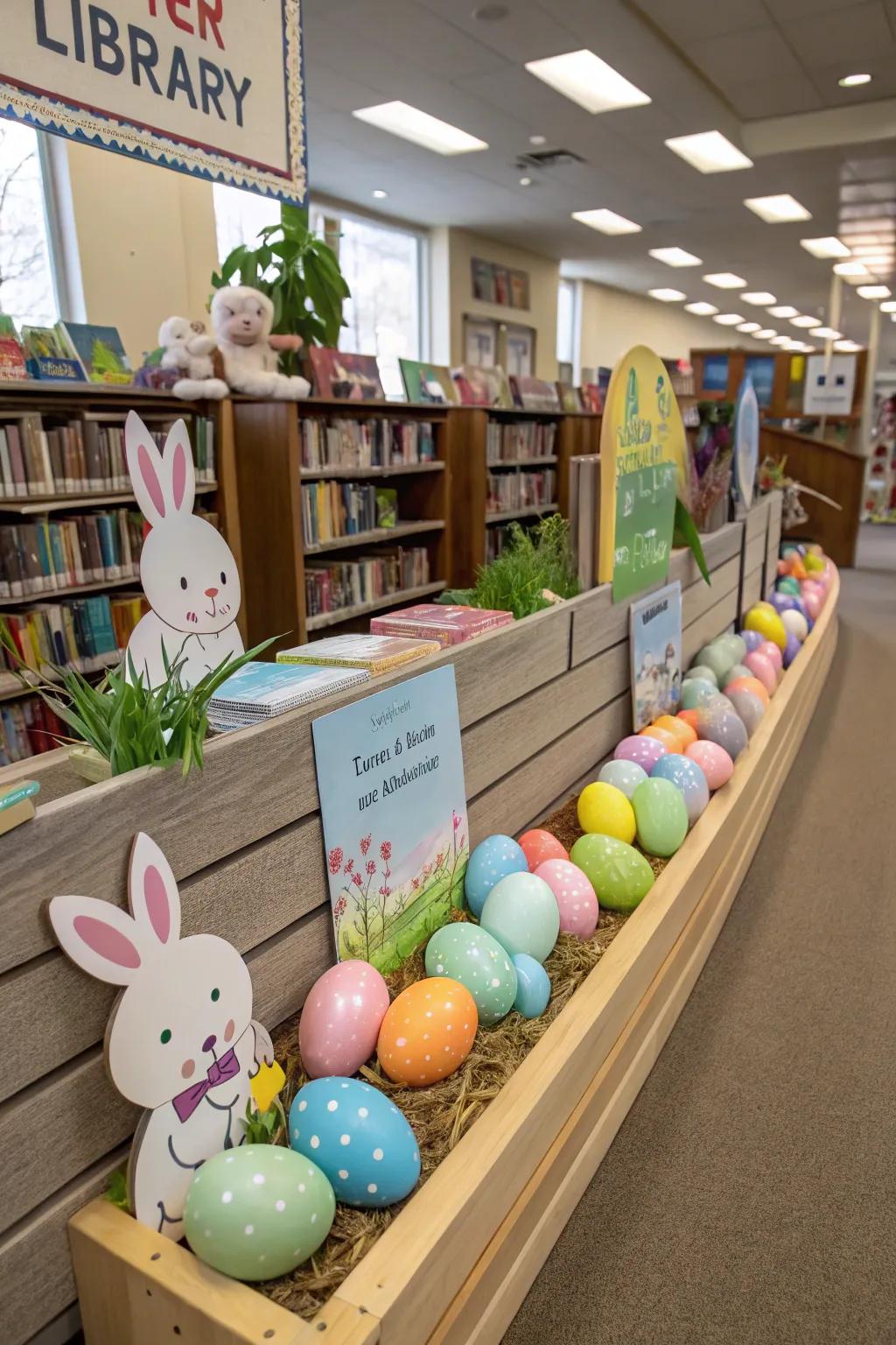 Easter-themed display with colorful eggs and bunny decorations.