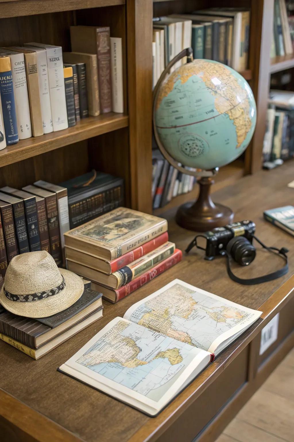 Travel-themed display with books, globe, and map.