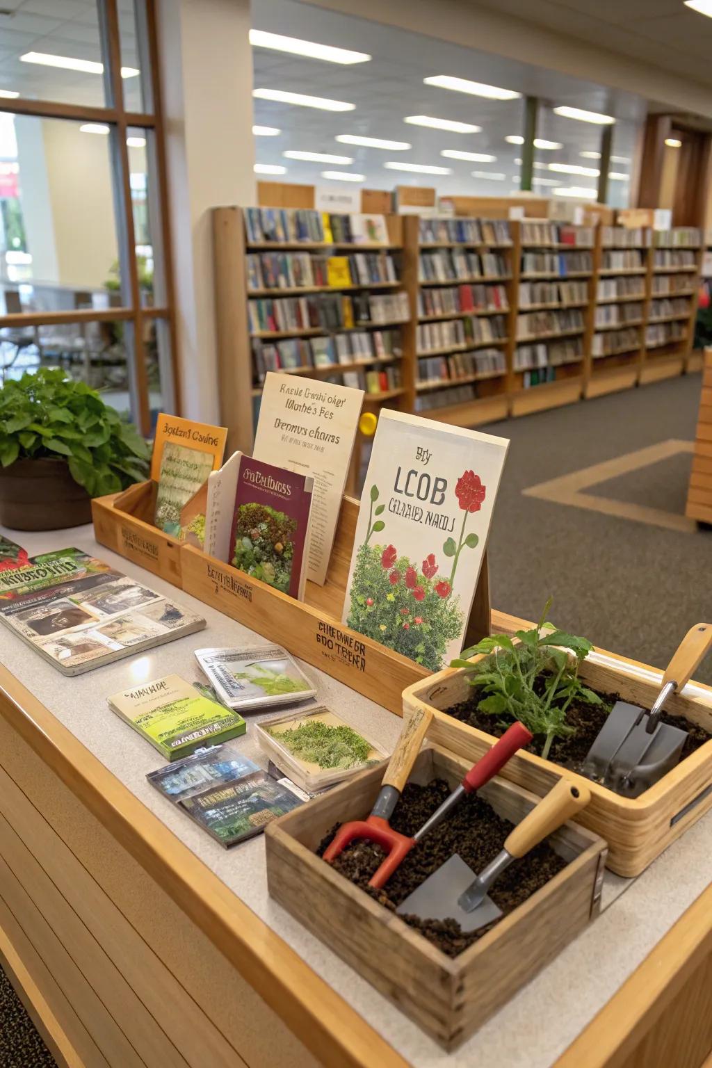 Gardening-themed display with books and seed packets.