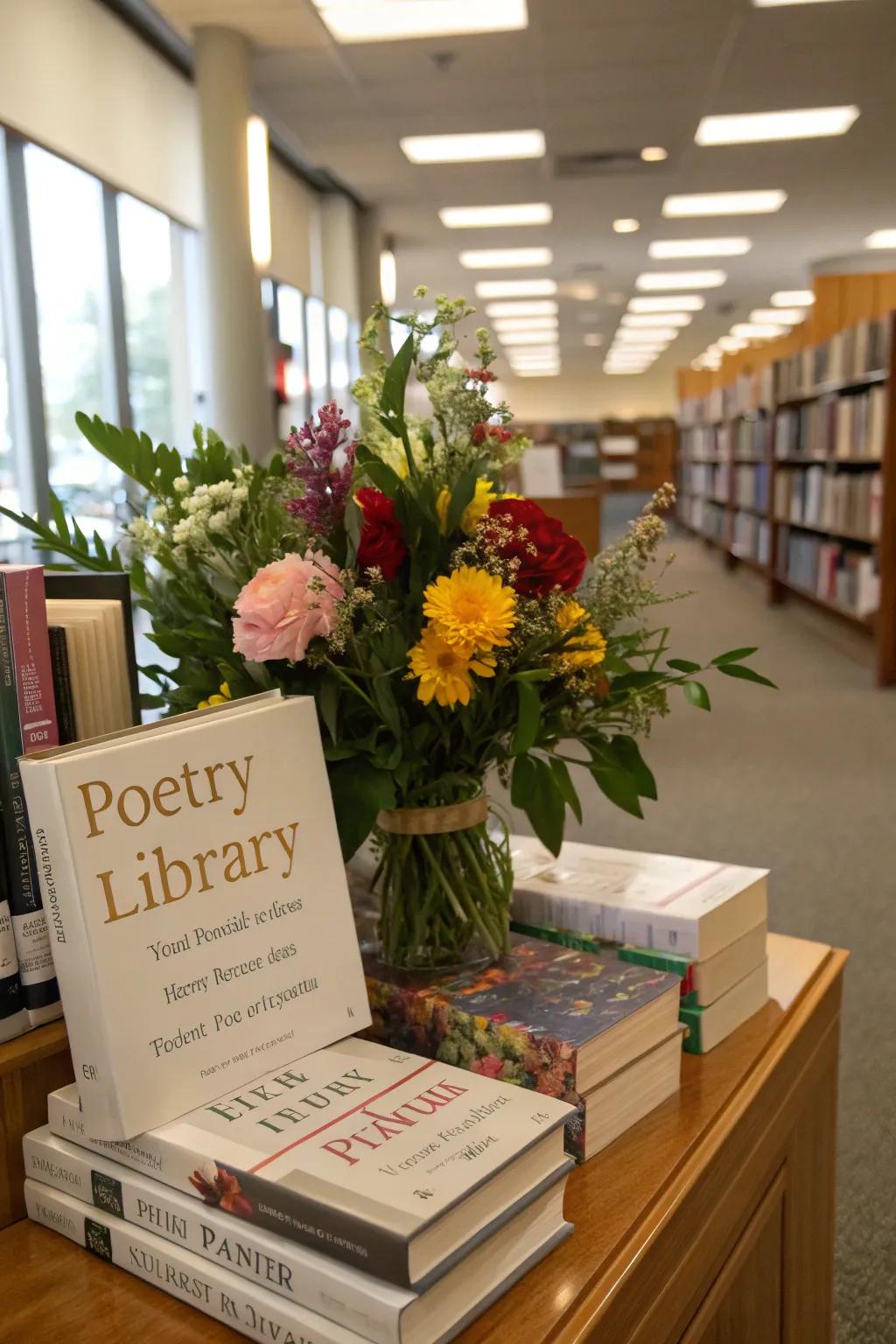Peaceful poetry display with flowers and books.