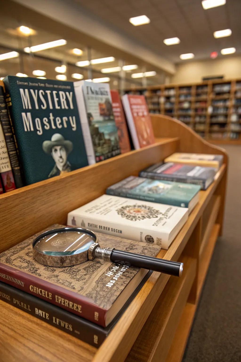 Mystery-themed display with suspenseful books and magnifying glass.