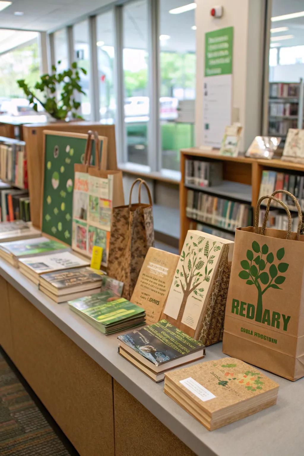 Eco-friendly display featuring sustainability books and recycled materials.