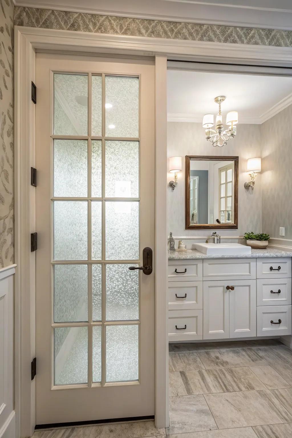 Glass doors increase light flow and openness in small powder rooms.