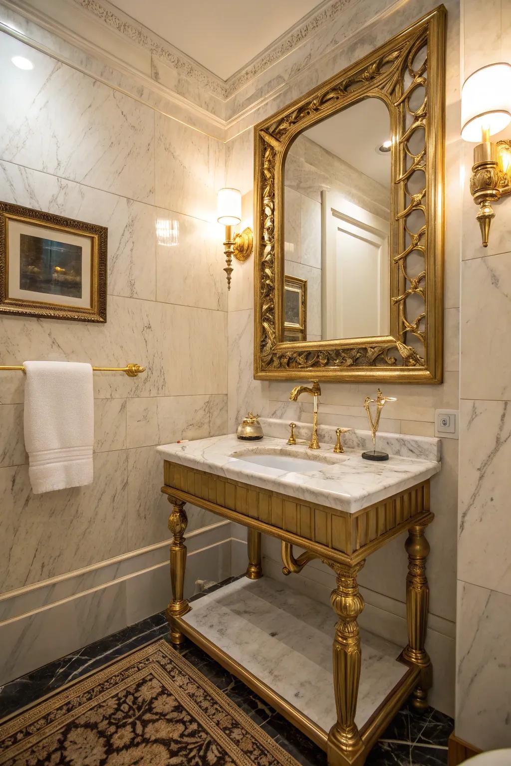 Metallic accents add luxury and brightness to powder rooms.