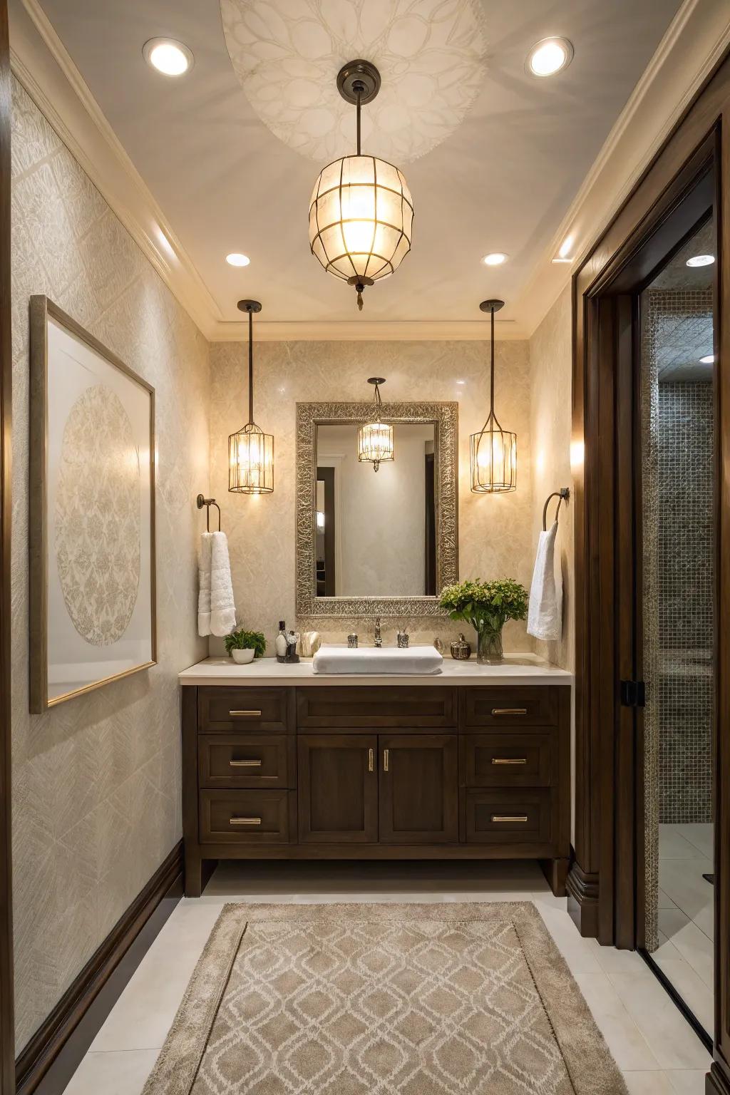 Layered lighting adds depth and versatility to powder rooms.
