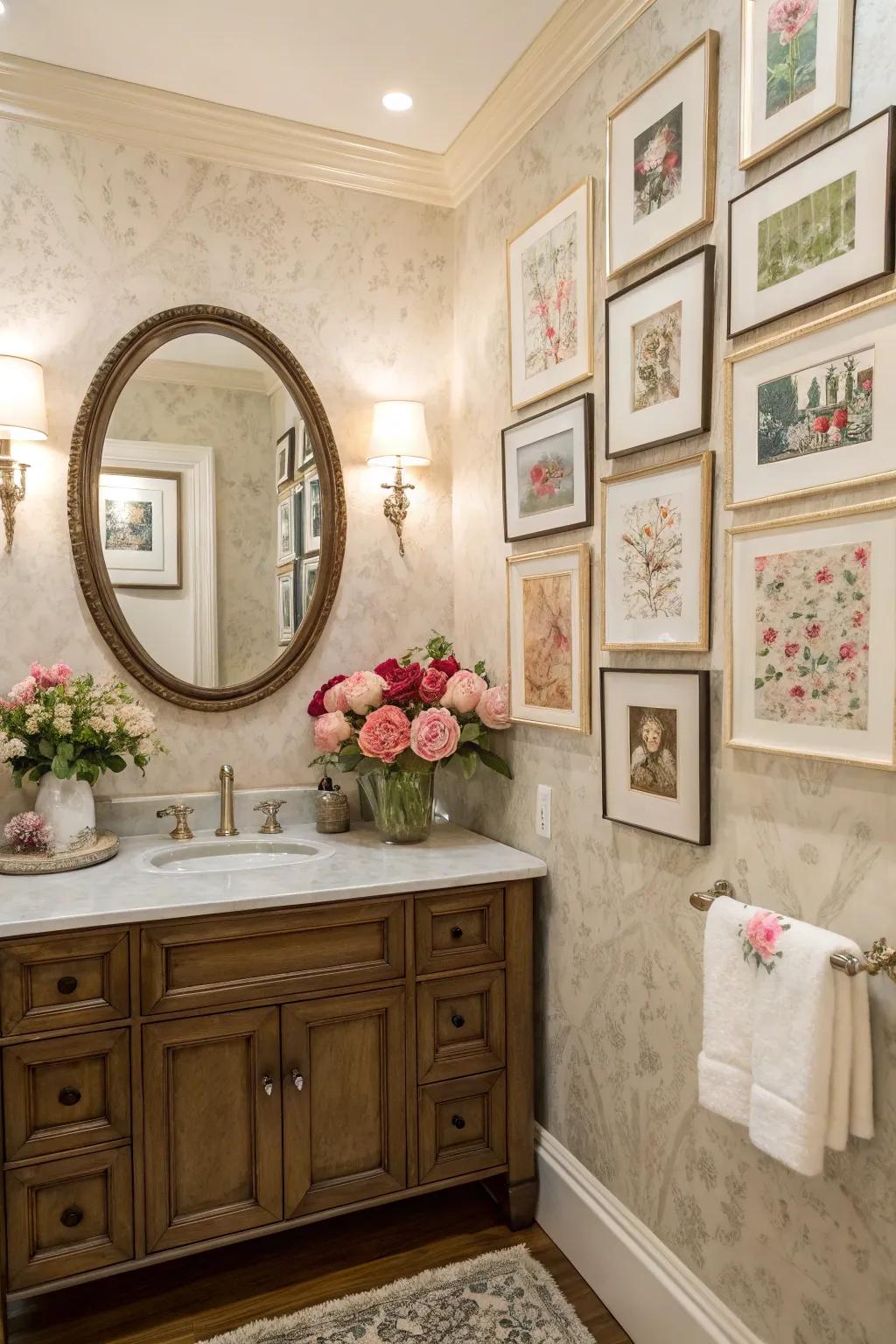 Artistic touches add personality and depth to powder rooms.