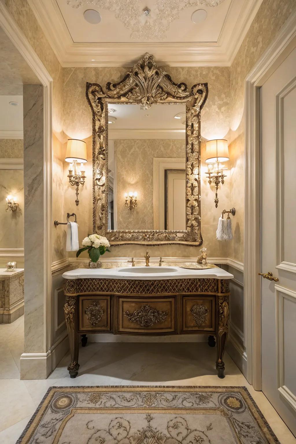 A decorative mirror or unique faucet creates a striking focal point.
