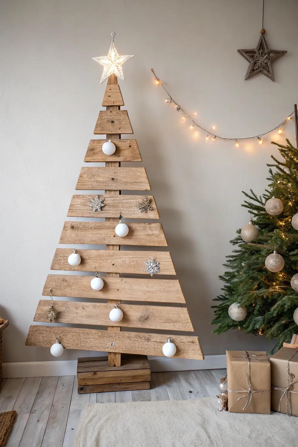 An elegant Christmas tree made from reclaimed wood, combining sustainability and style.
