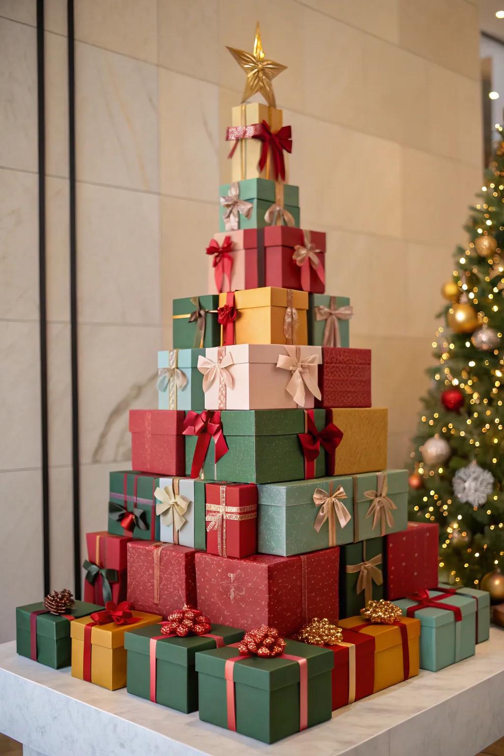 A festive tree made by stacking gift boxes, combining decor and gift display.