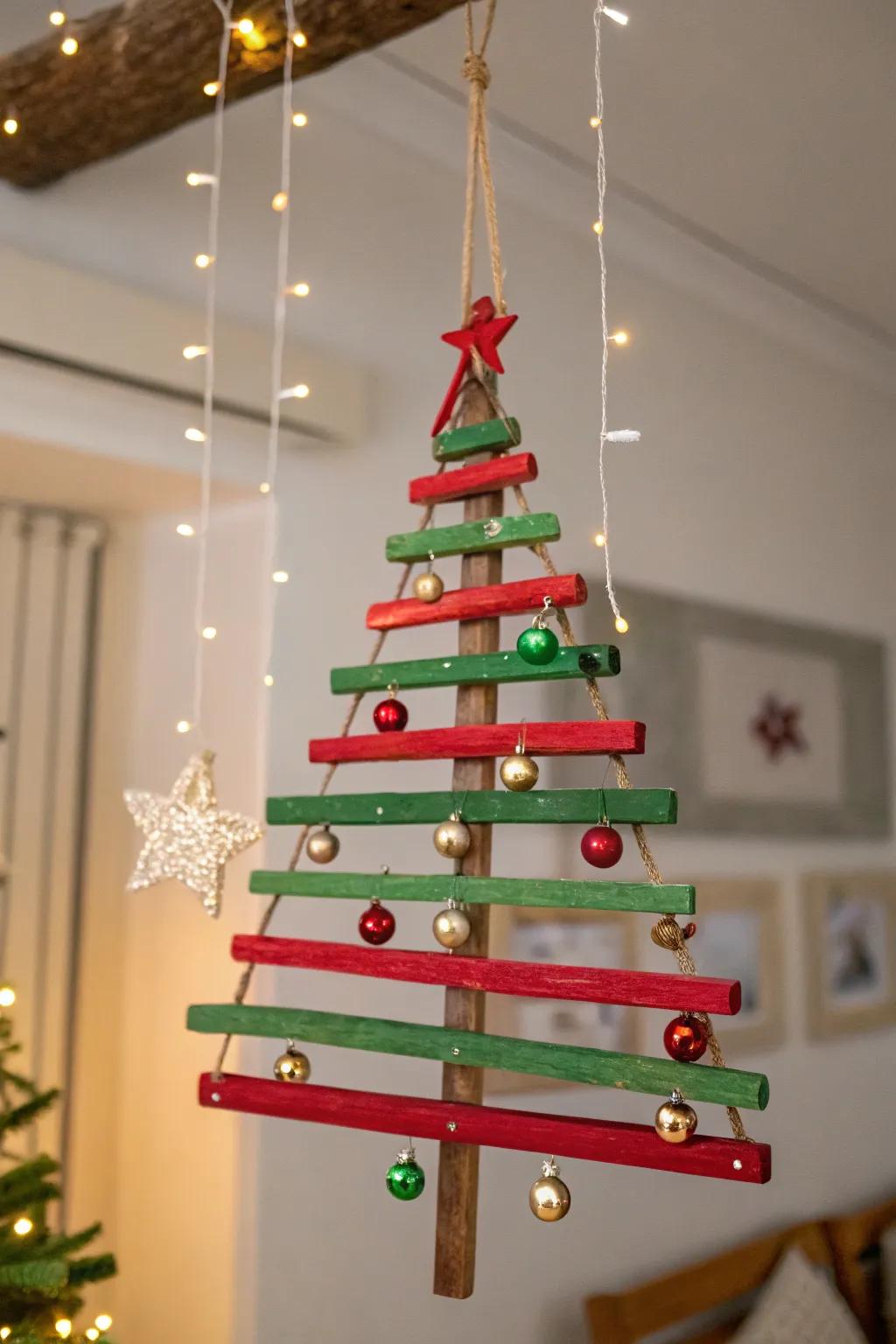 A charming hanging Christmas tree made from paint stir sticks, perfect for small spaces.