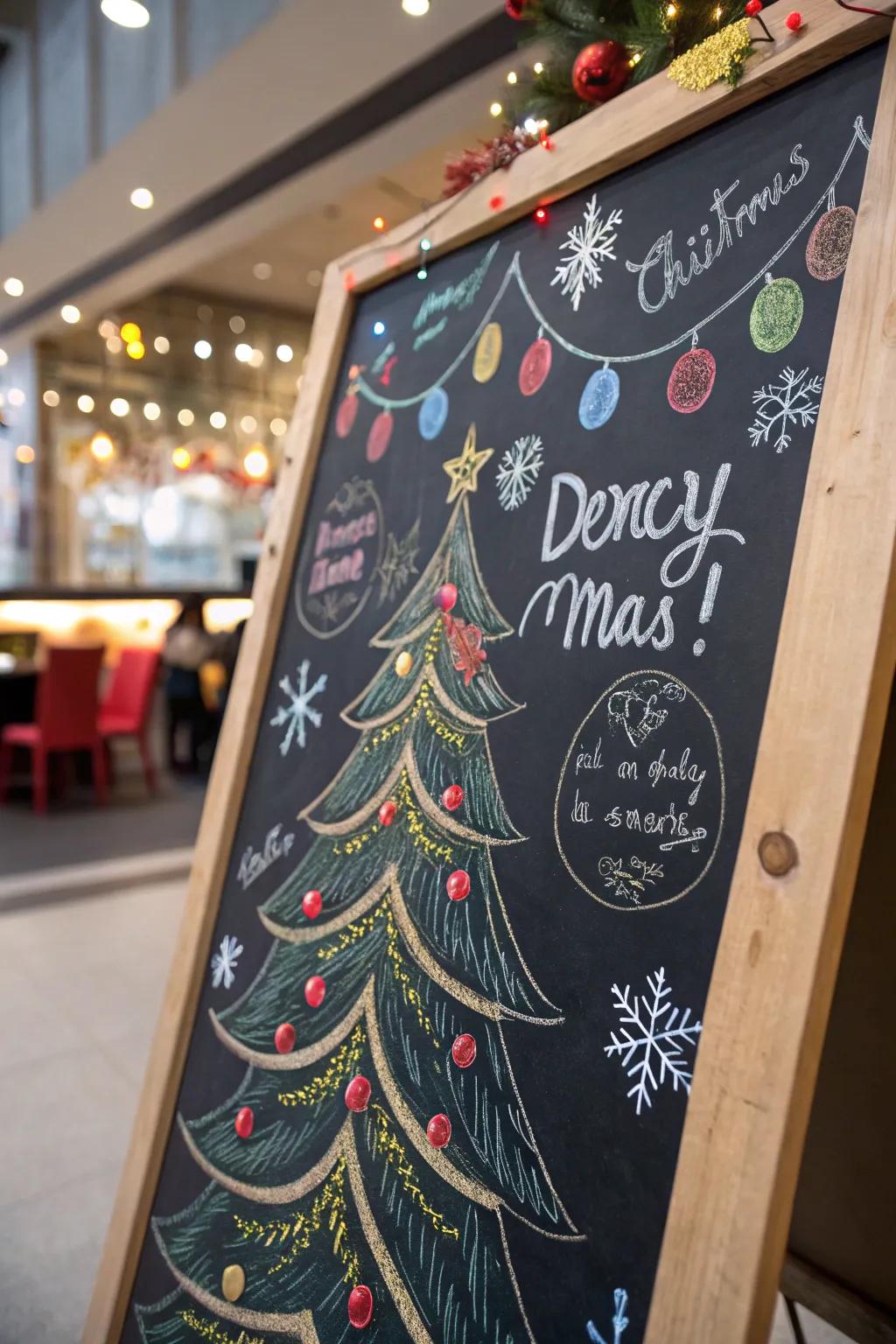 A quirky and customizable Christmas tree drawn on a chalkboard.