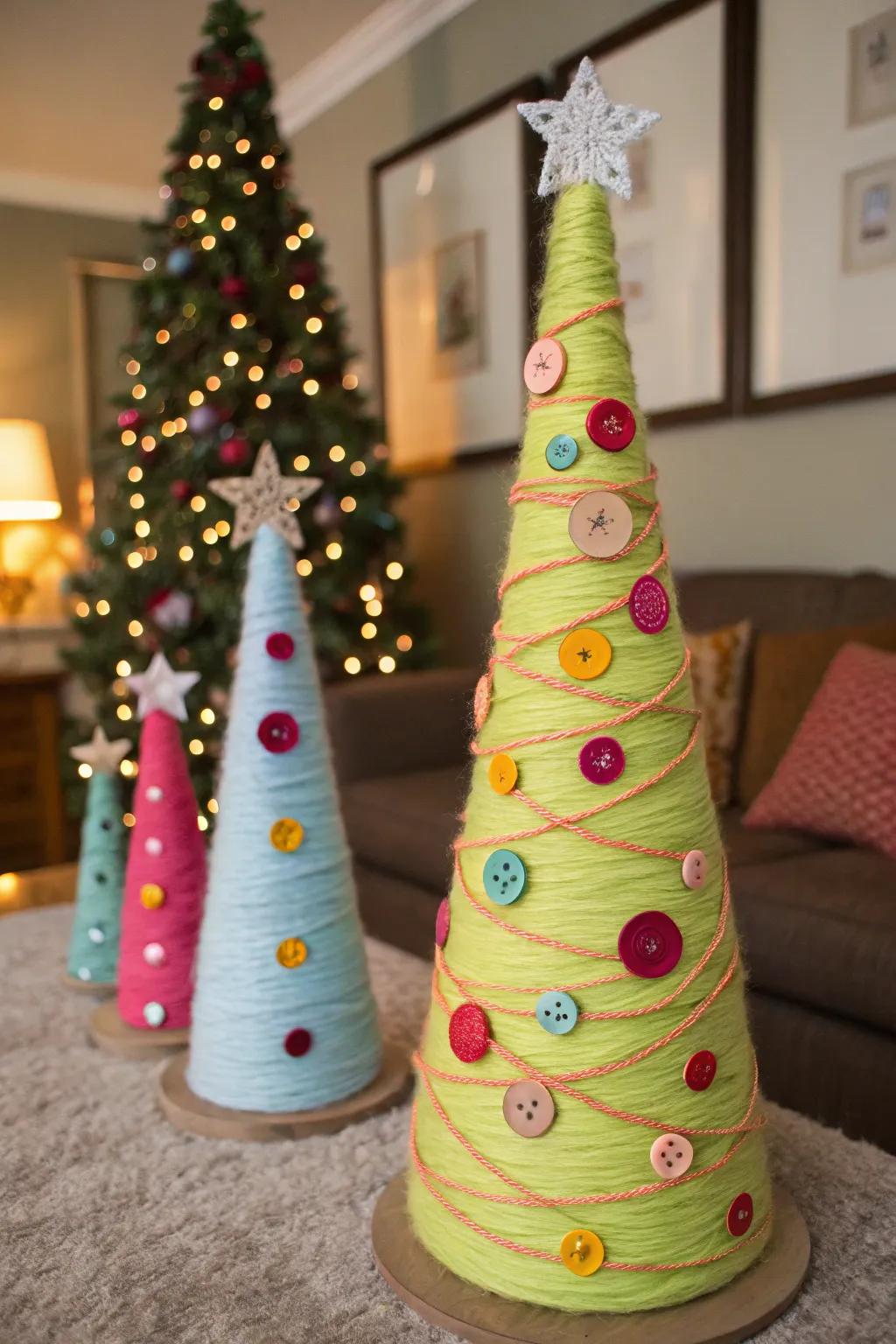 Whimsical cone-shaped Christmas trees crafted from paper and decorated creatively.