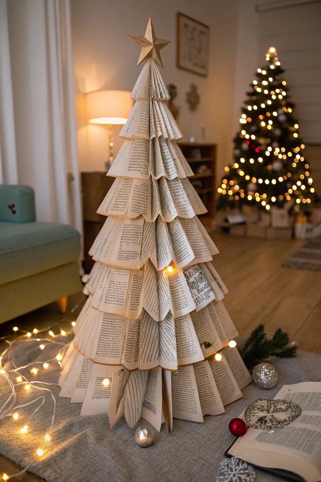 A charming Christmas tree made from recycled book pages, perfect for eco-friendly decor.