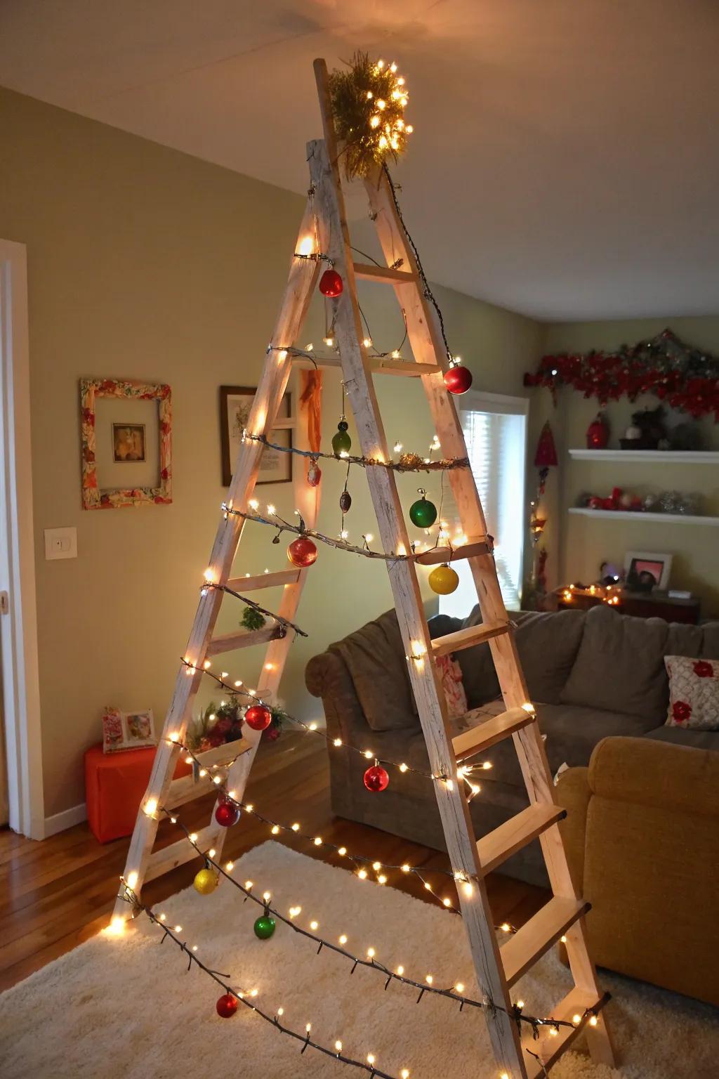A unique Christmas tree made from an old ladder, decorated with lights and ornaments.
