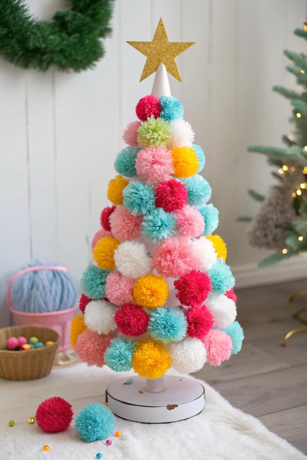 A colorful and fluffy pom pom Christmas tree that brightens any room.