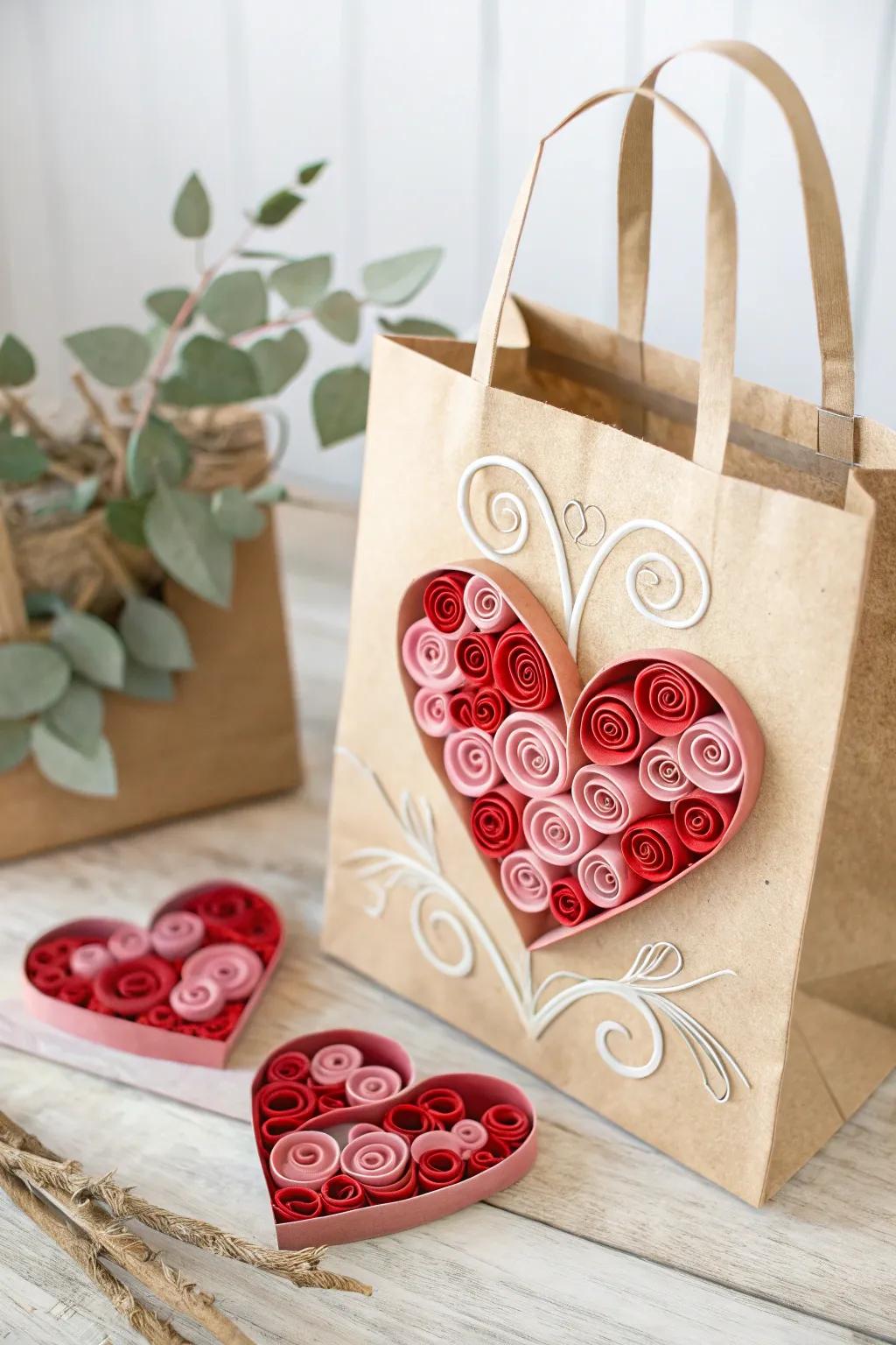 Create delicate quilled heart designs that add a whimsical touch to your DIY Valentine's bag.