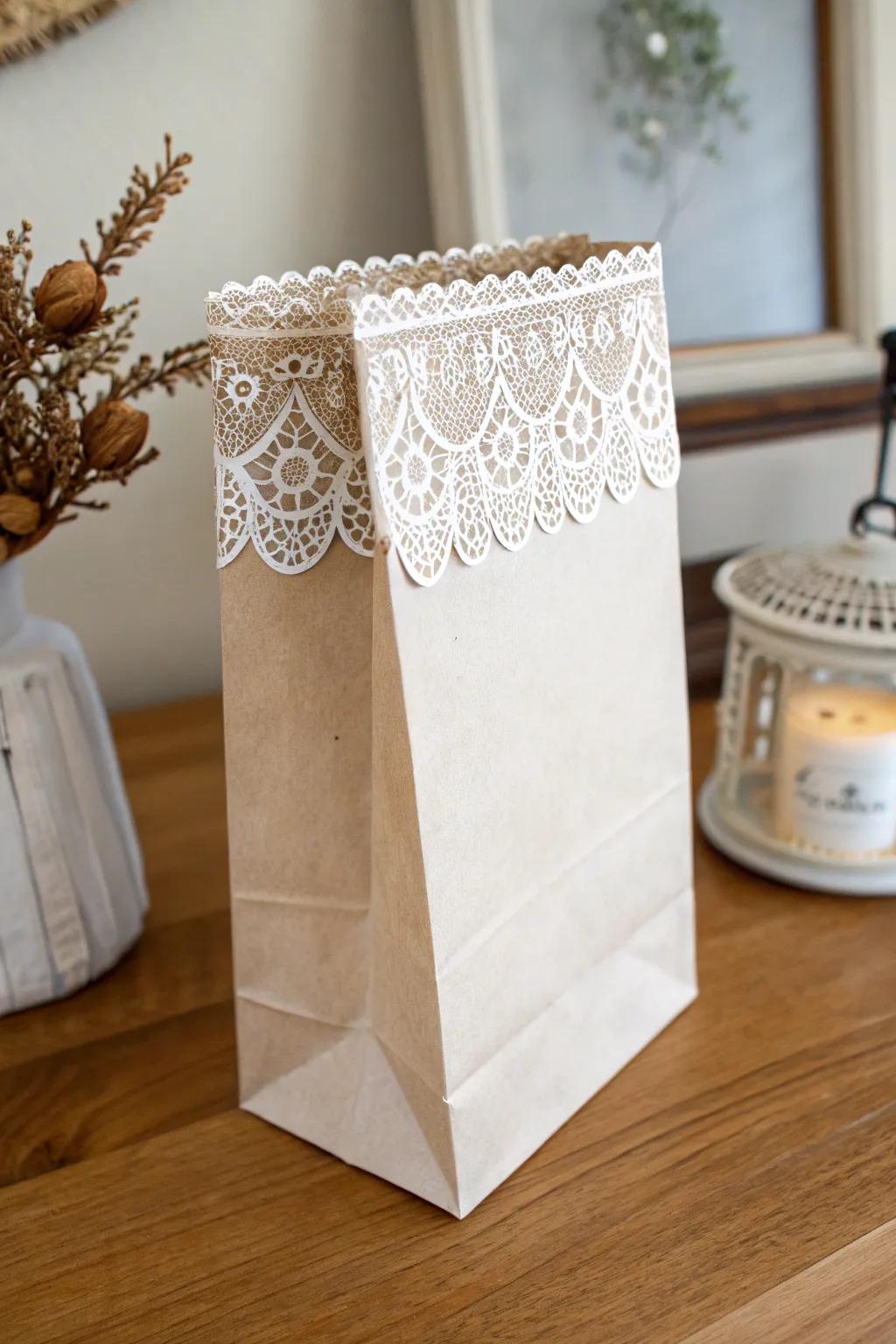 Add a vintage-inspired touch to your Valentine's bag by adorning it with delicate lace trims.