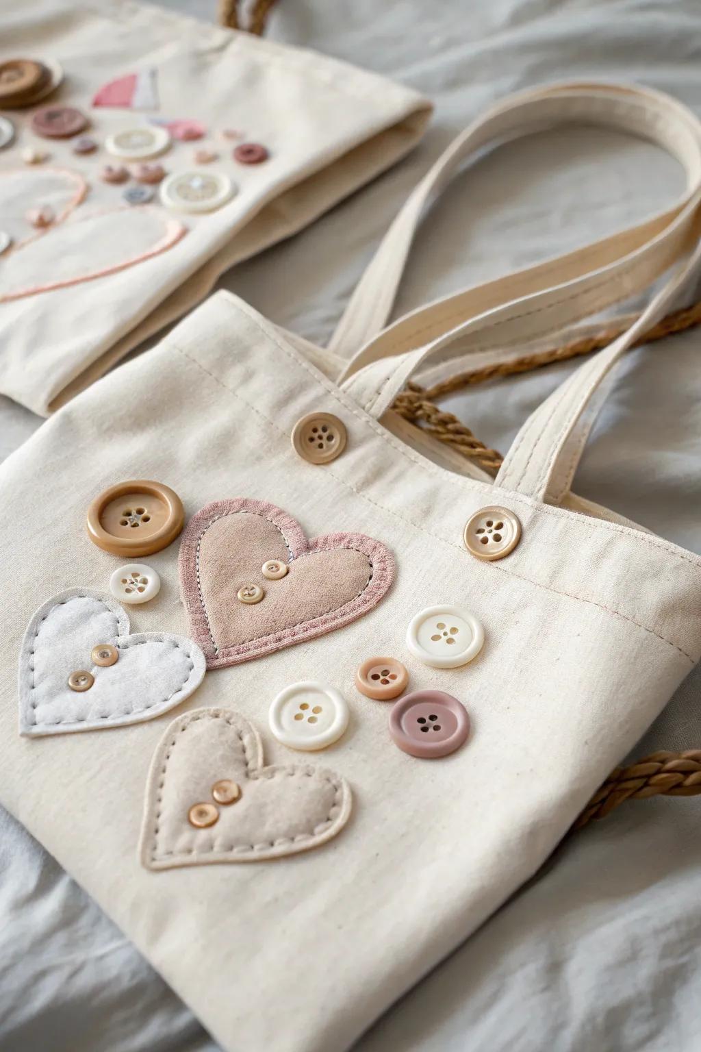 Add a tactile and whimsical touch to your Valentine's bag with button heart designs.