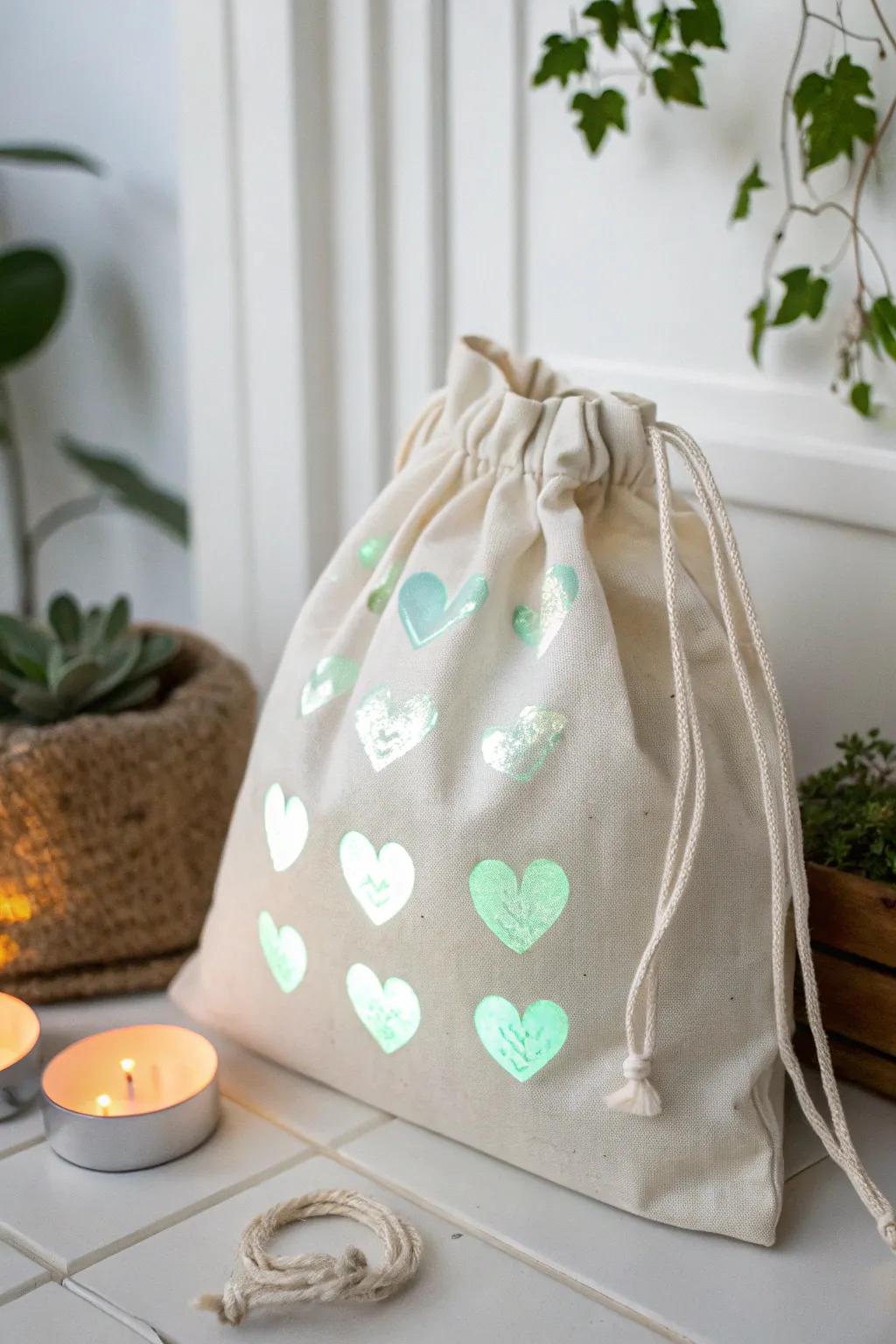 Light up your Valentine's celebration with glow-in-the-dark heart designs on your gift bags.