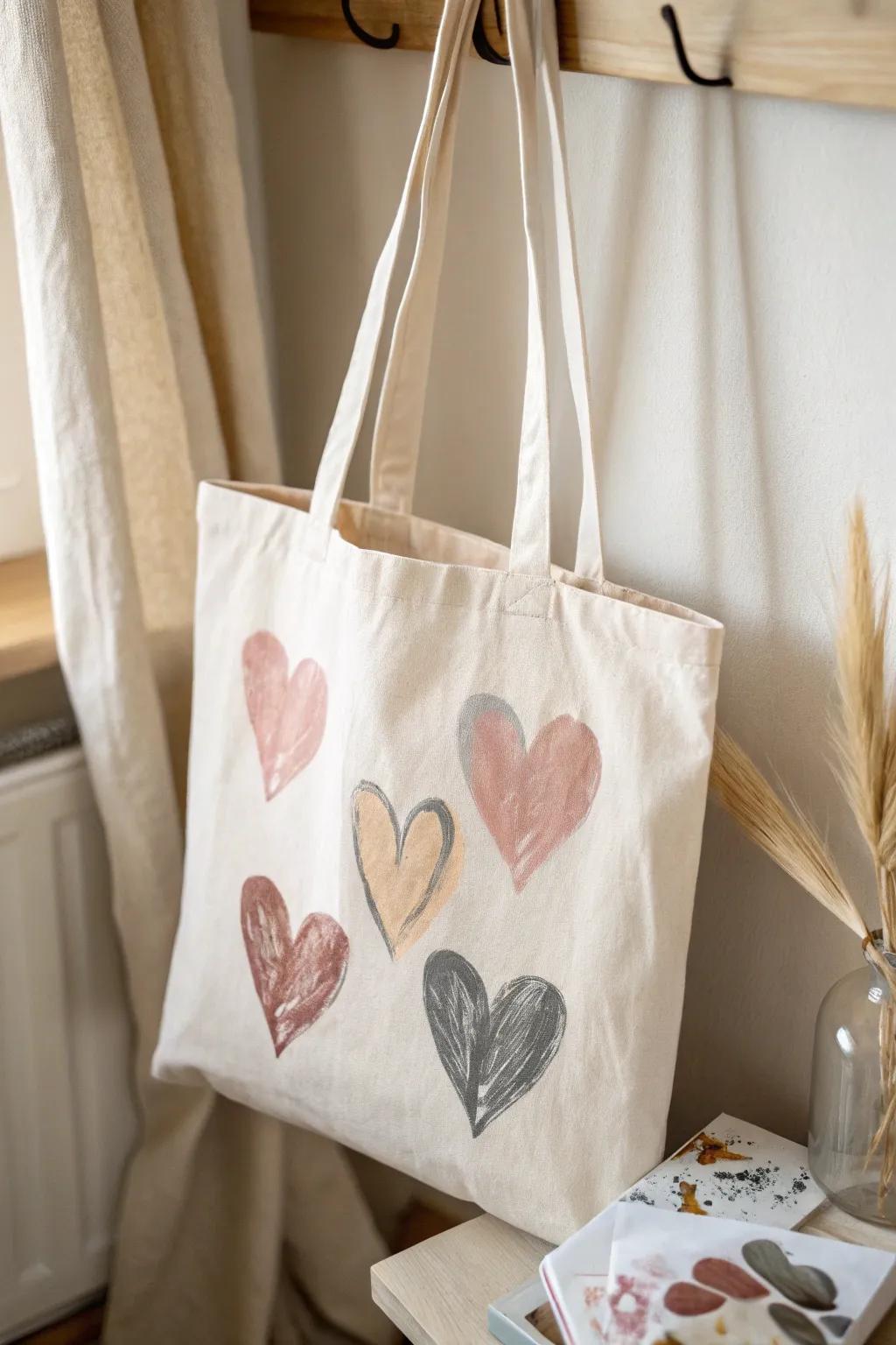 Express your affection by painting abstract heart designs on your Valentine's tote bag.