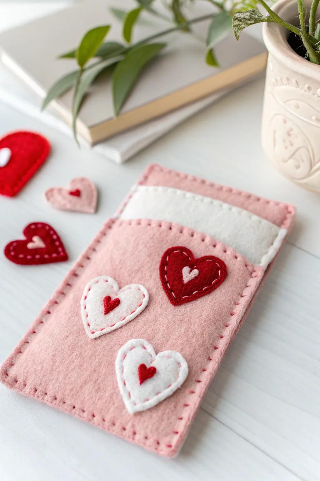 Add warmth and texture to your Valentine's gifts with handmade felt pockets adorned with hearts.