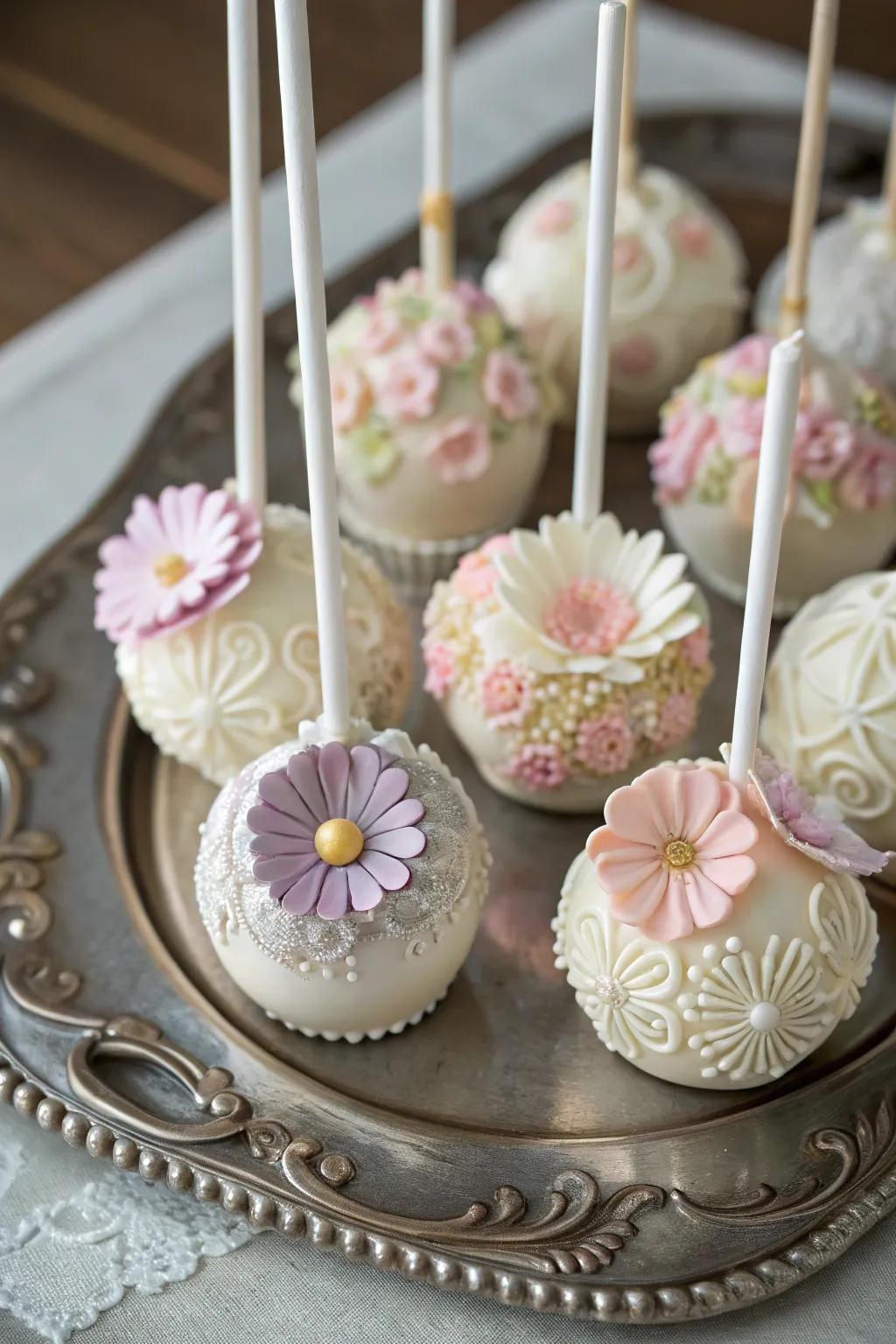 Refined floral cake pops perfect for an elegant baby shower.
