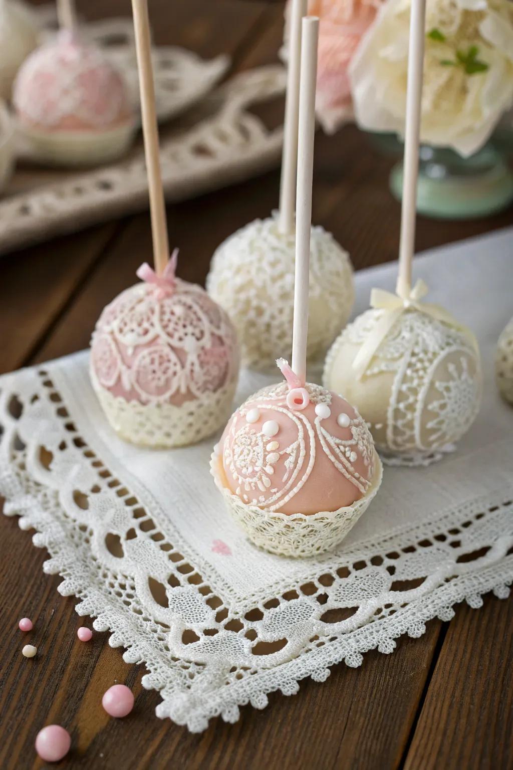 Vintage lace cake pops evoking nostalgia.