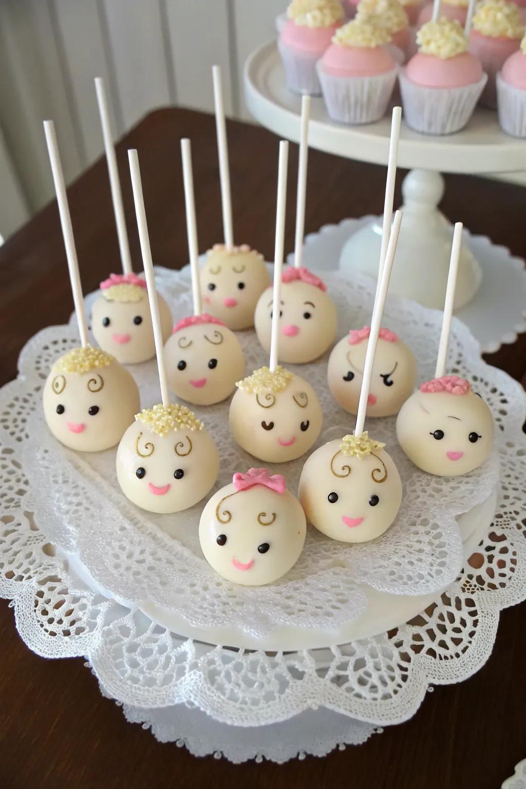 Cute baby face cake pops for a charming celebration.