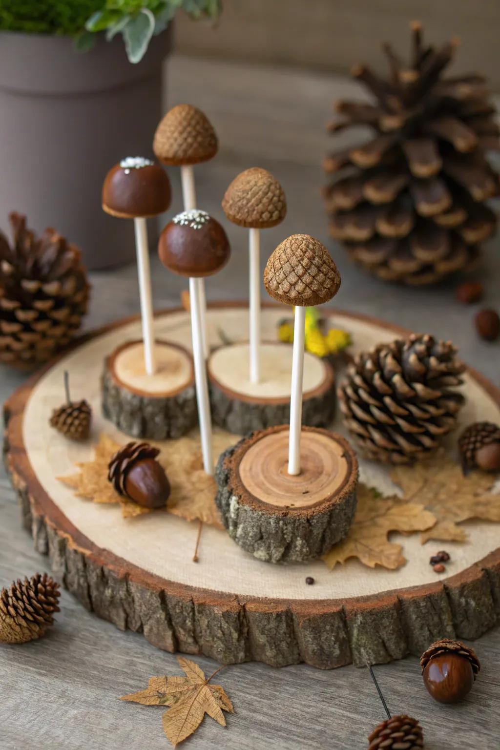 Rustic woodland cake pops for a nature-themed baby shower.