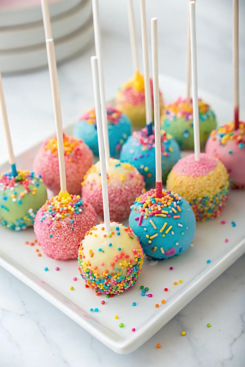 Bright rainbow sprinkle cake pops for a festive baby shower.