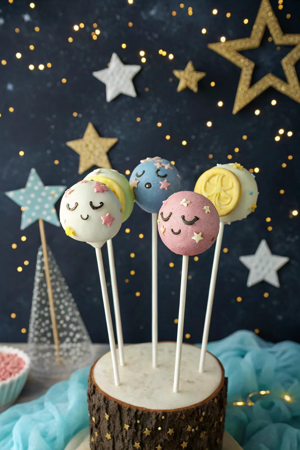 Celestial moon and stars cake pops for a dreamy baby shower.