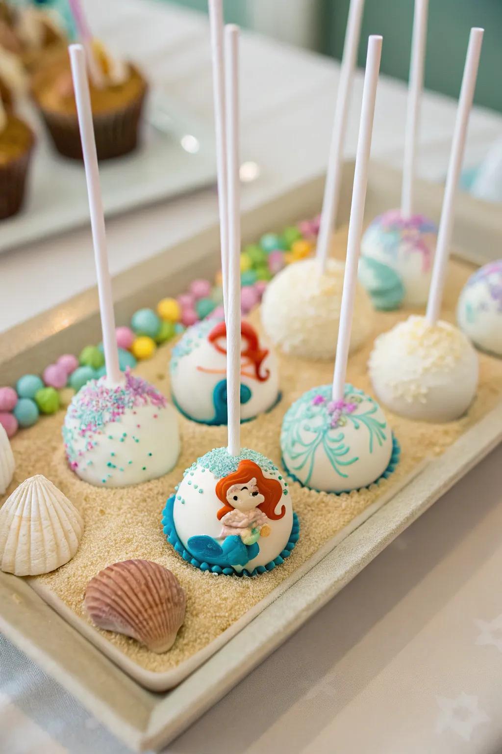 Under the sea themed cake pops for a nautical baby shower.