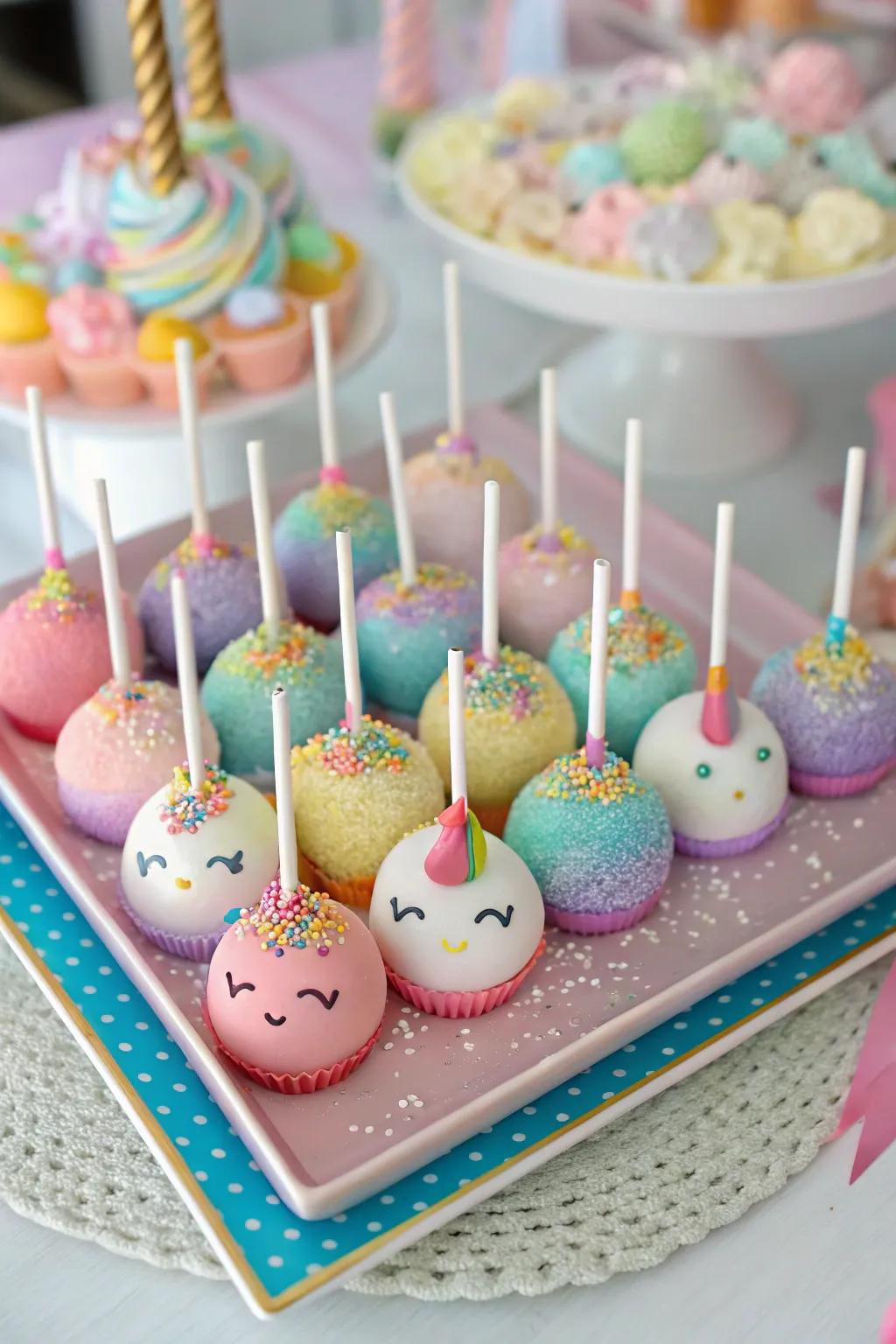 Rainbow unicorn cake pops for a whimsical baby shower.