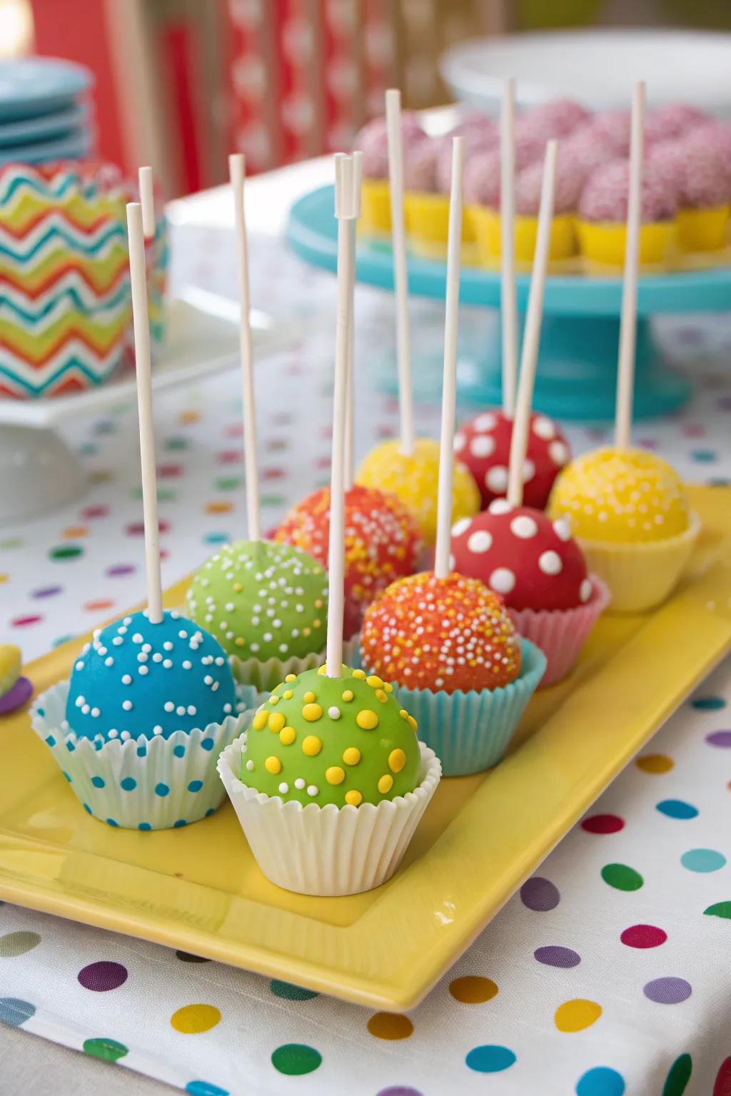 Polka dot cake pops adding playful charm.
