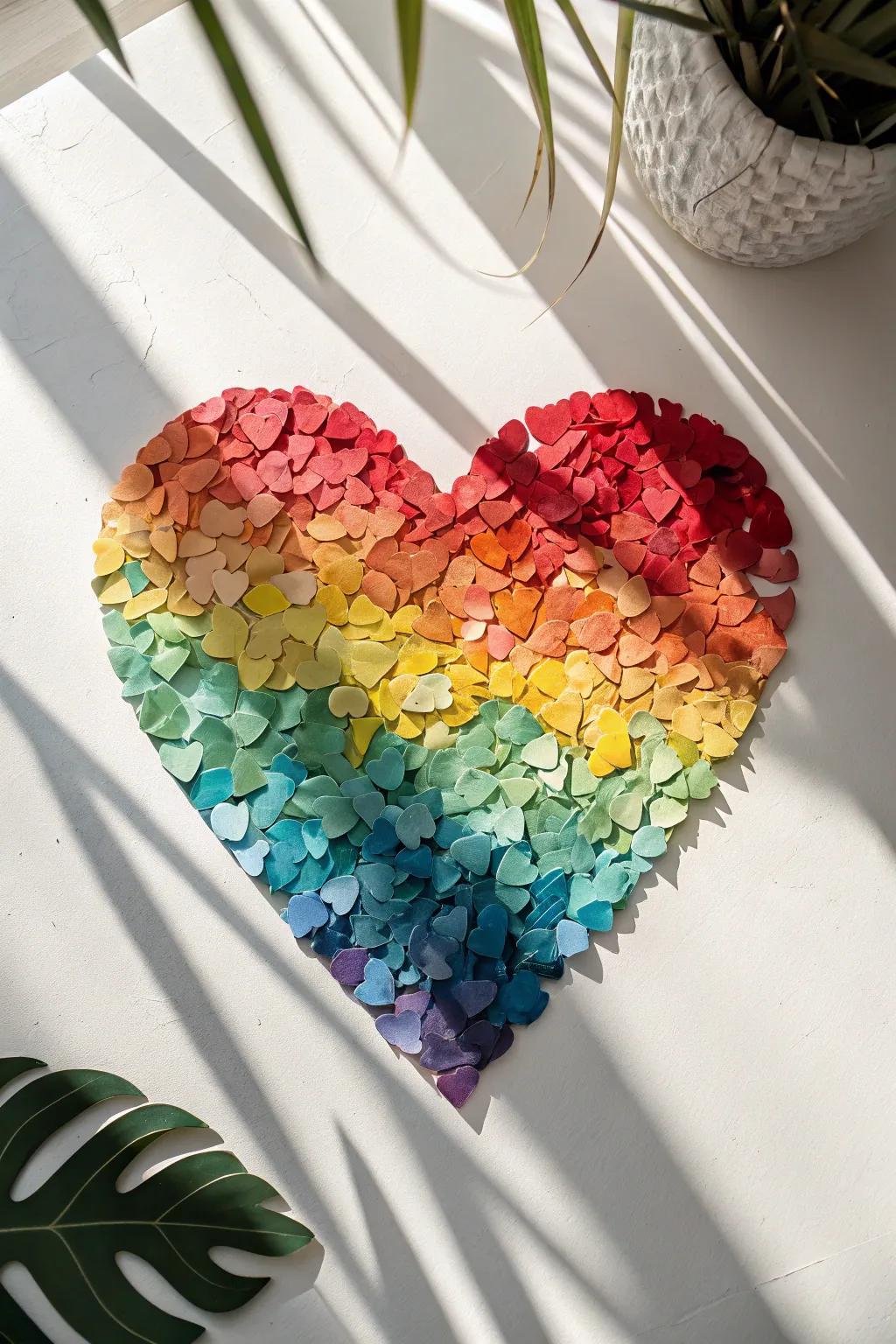 Create a lively heart collage from colorful paper scraps, perfect for a cheerful wall display.