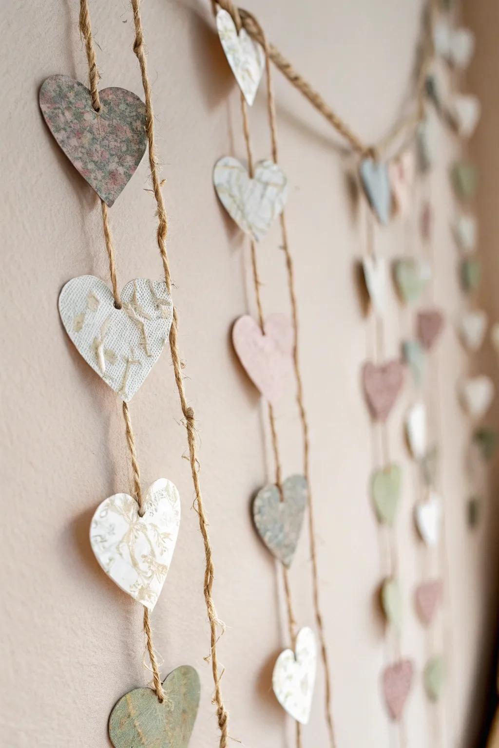 Add a whimsical, sustainable touch to your space with a garland made from recycled paper hearts.