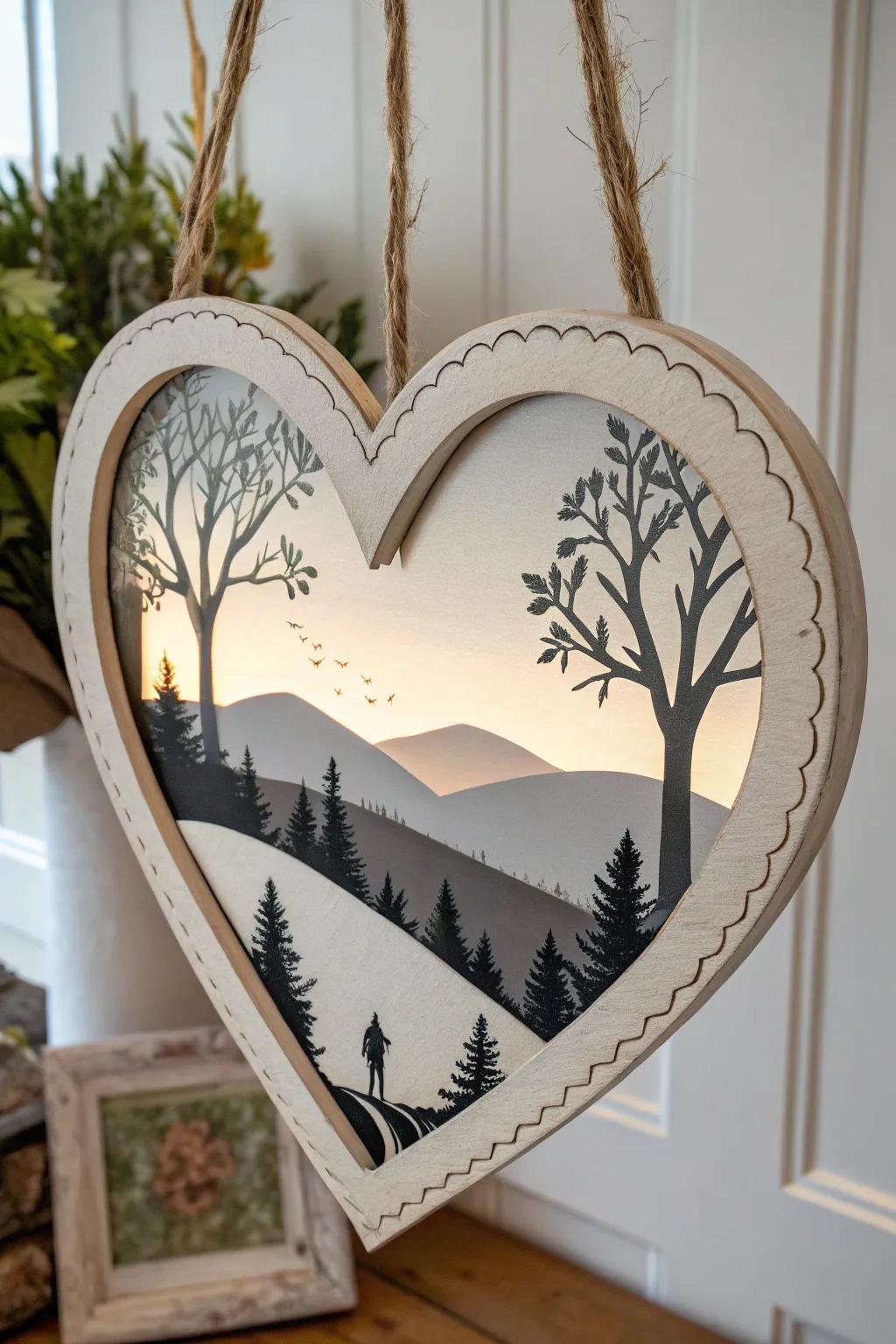 Capture serene landscapes within a heart silhouette for a sophisticated and meaningful art piece.