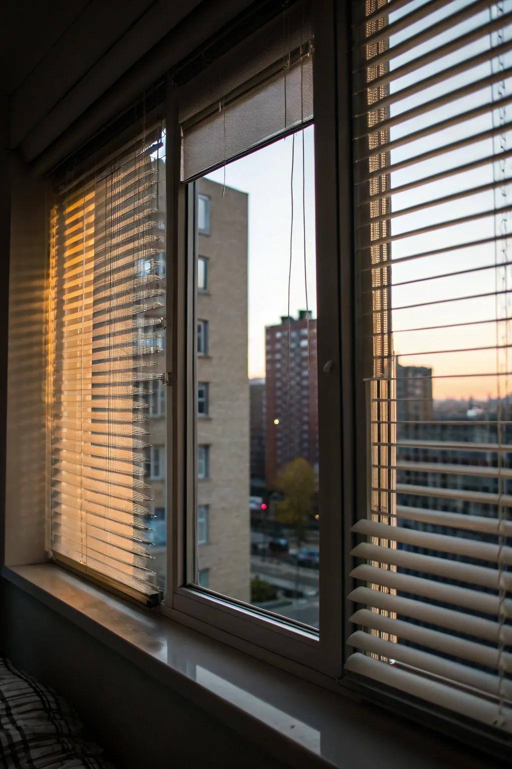 Day and night blinds offering adjustable light filtering.