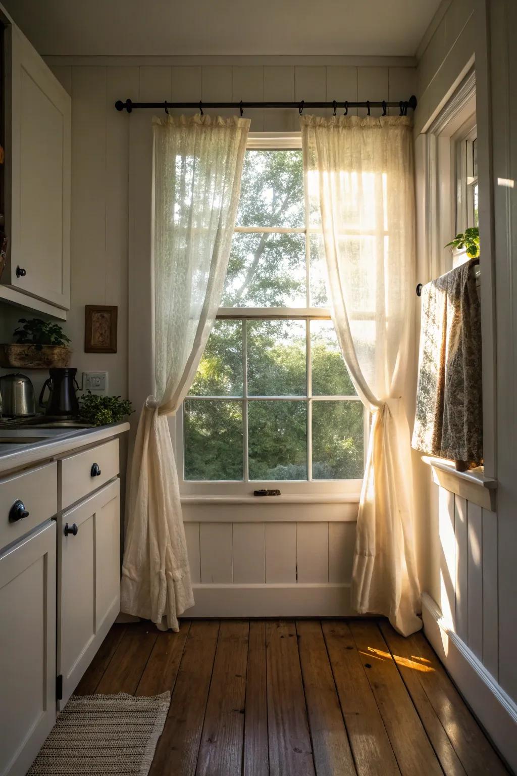 Cafe curtains providing privacy while allowing natural light.