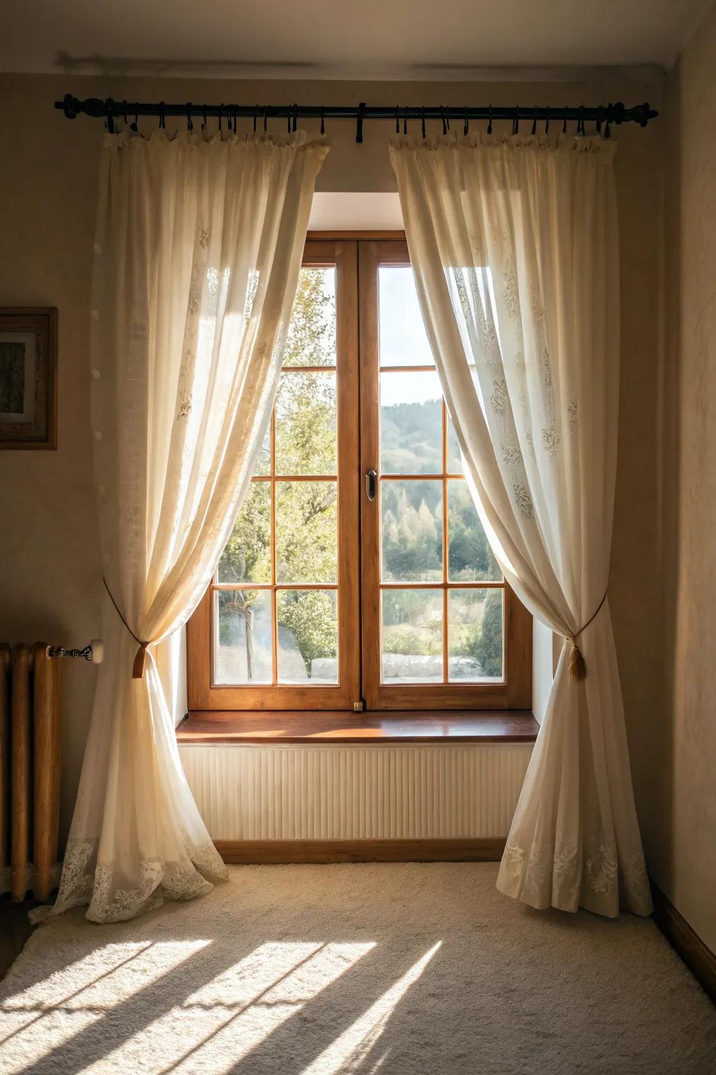 Curtain tiebacks adding sophistication and allowing more light.