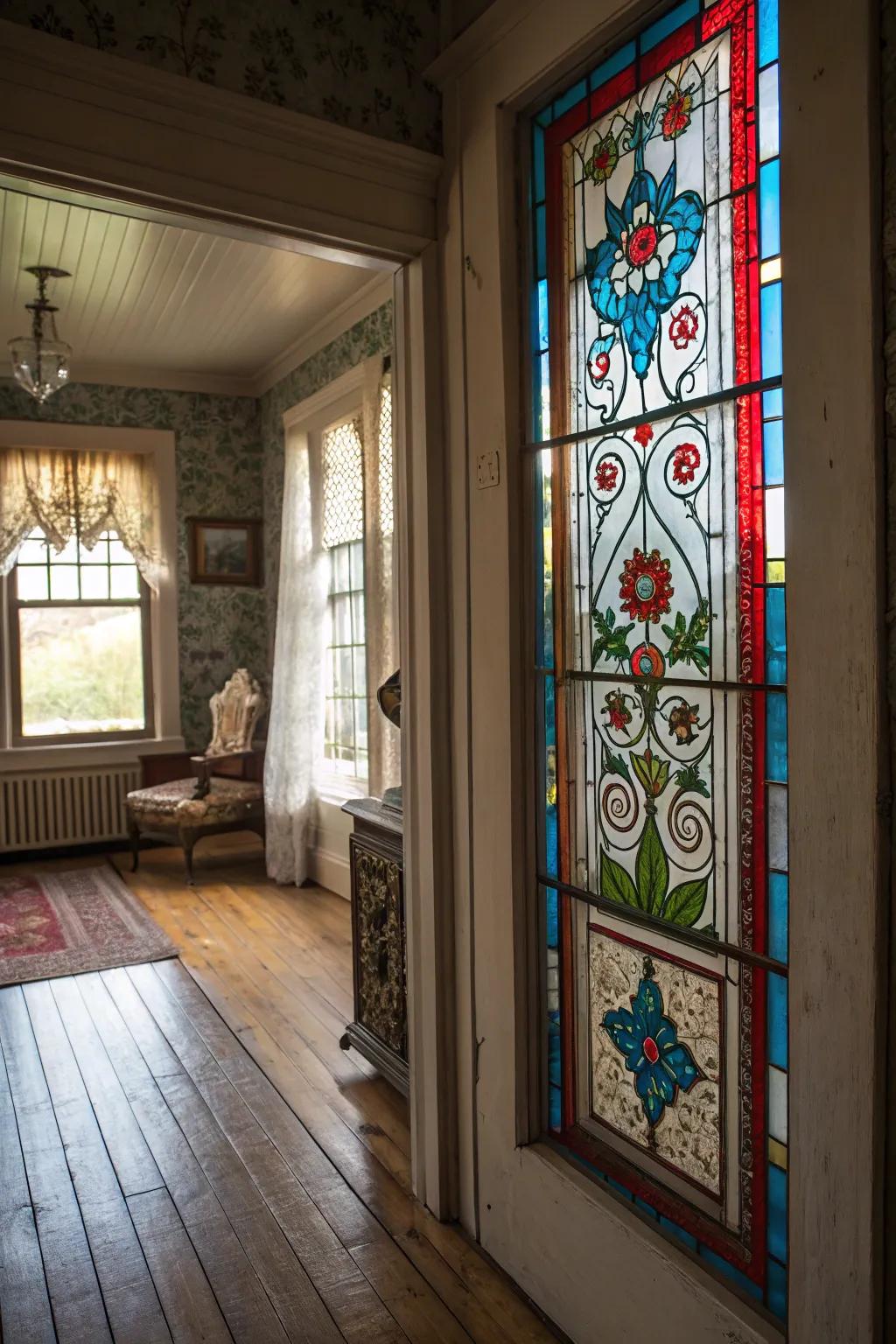 Stained glass window transforming light into colorful patterns.