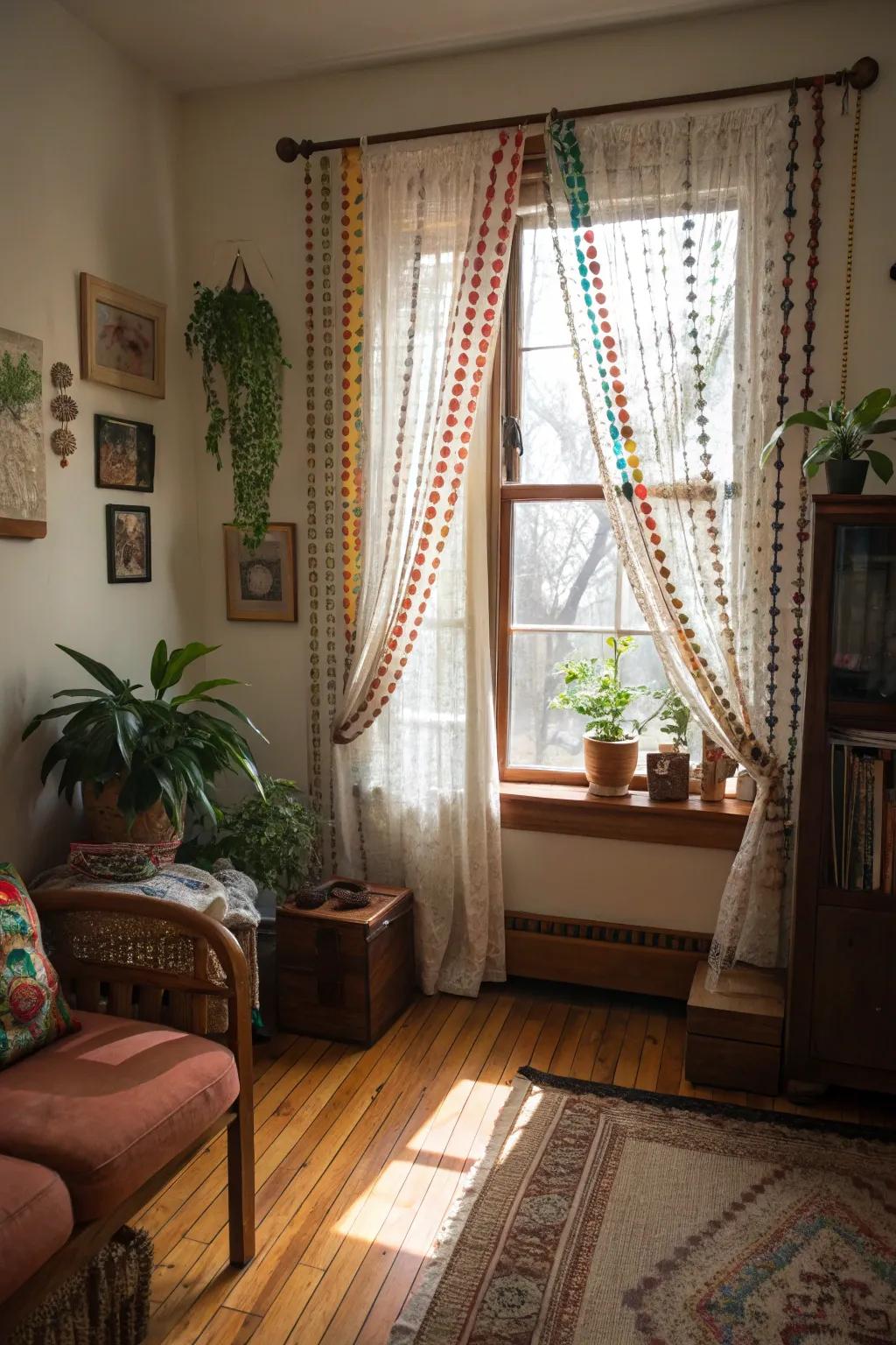 Beaded curtains adding movement and bohemian flair.