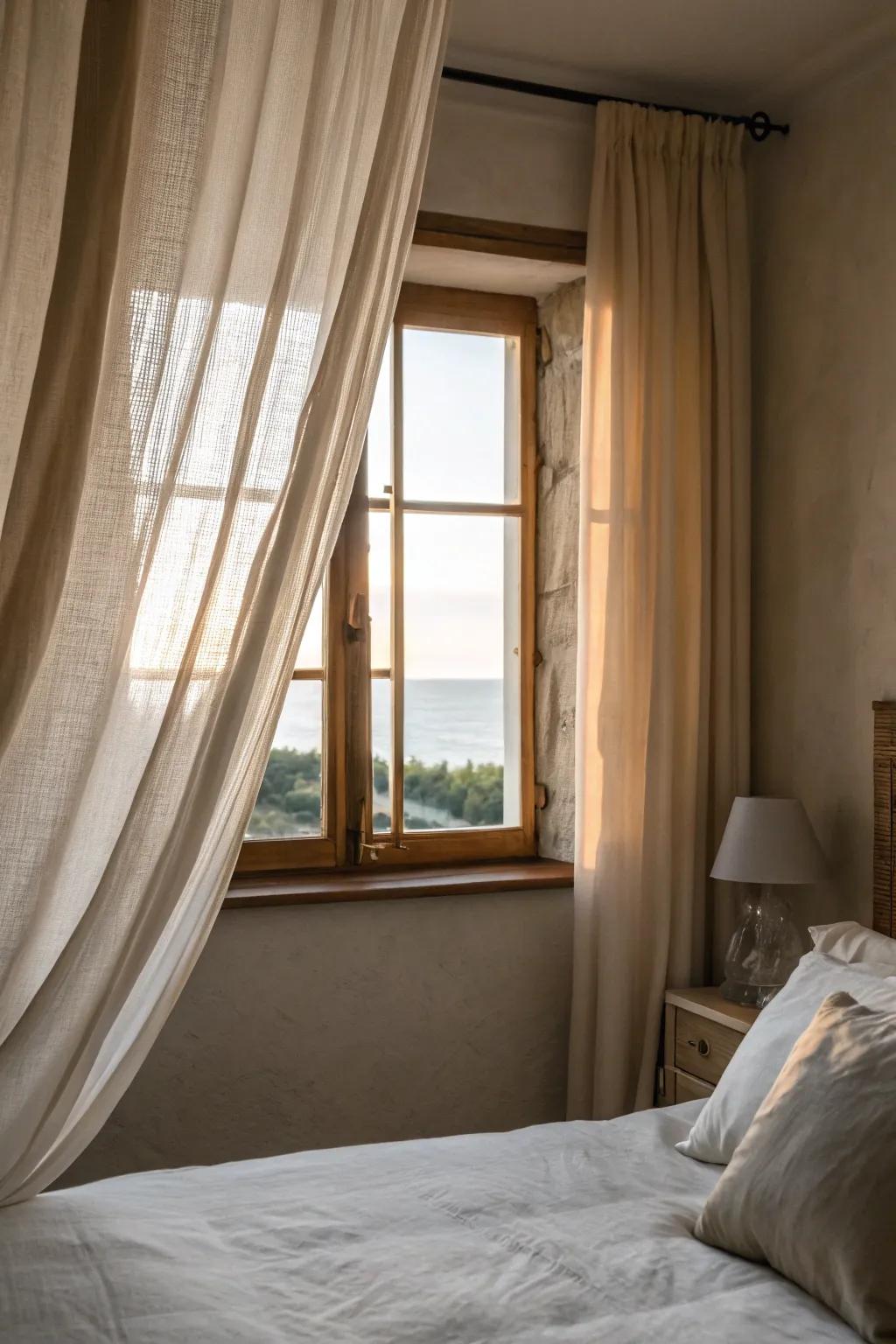 Soft neutral window treatments creating a peaceful atmosphere.