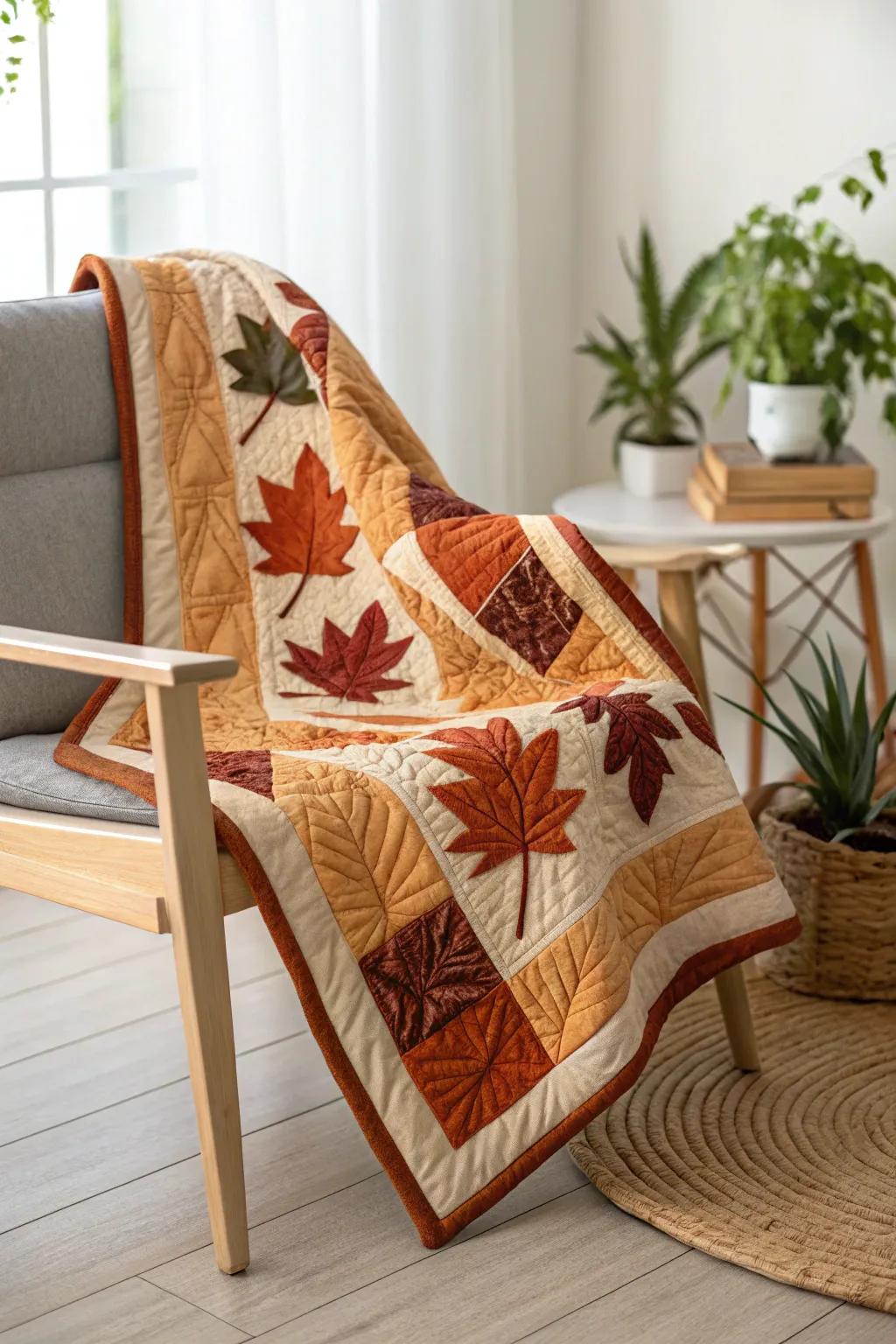 Embrace the cozy vibes of fall with this stunning autumn-themed quilt, perfect for adding warmth and charm to any minimalist space.