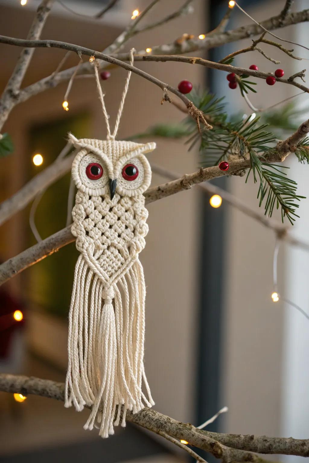 Add wisdom with macrame owl ornaments.
